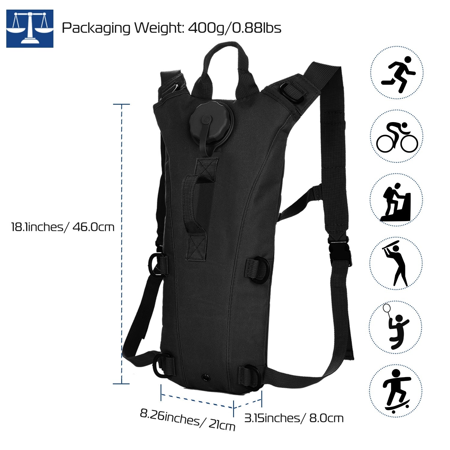 Tactical Hydration Pack suitable for running, cycling, and climbing. Includes water bladder, camo backpack, and icons indicating BPA-free material.