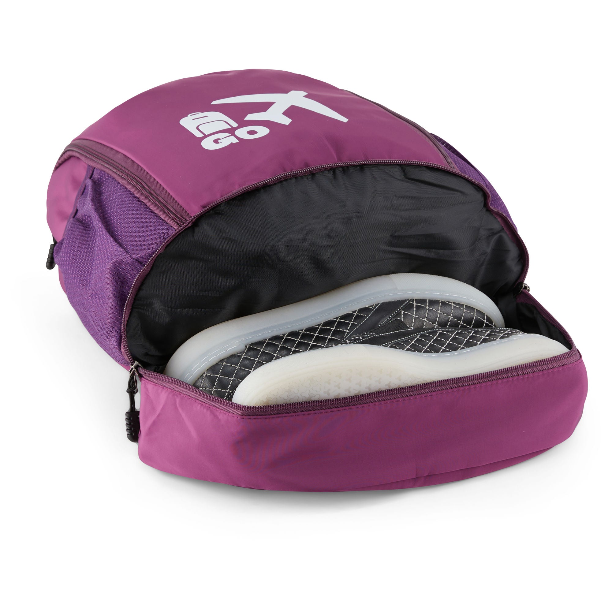 Clarissa GO Bag with a white airplane and suitcase icon, featuring an external pocket and a purple smartphone in a side holder.