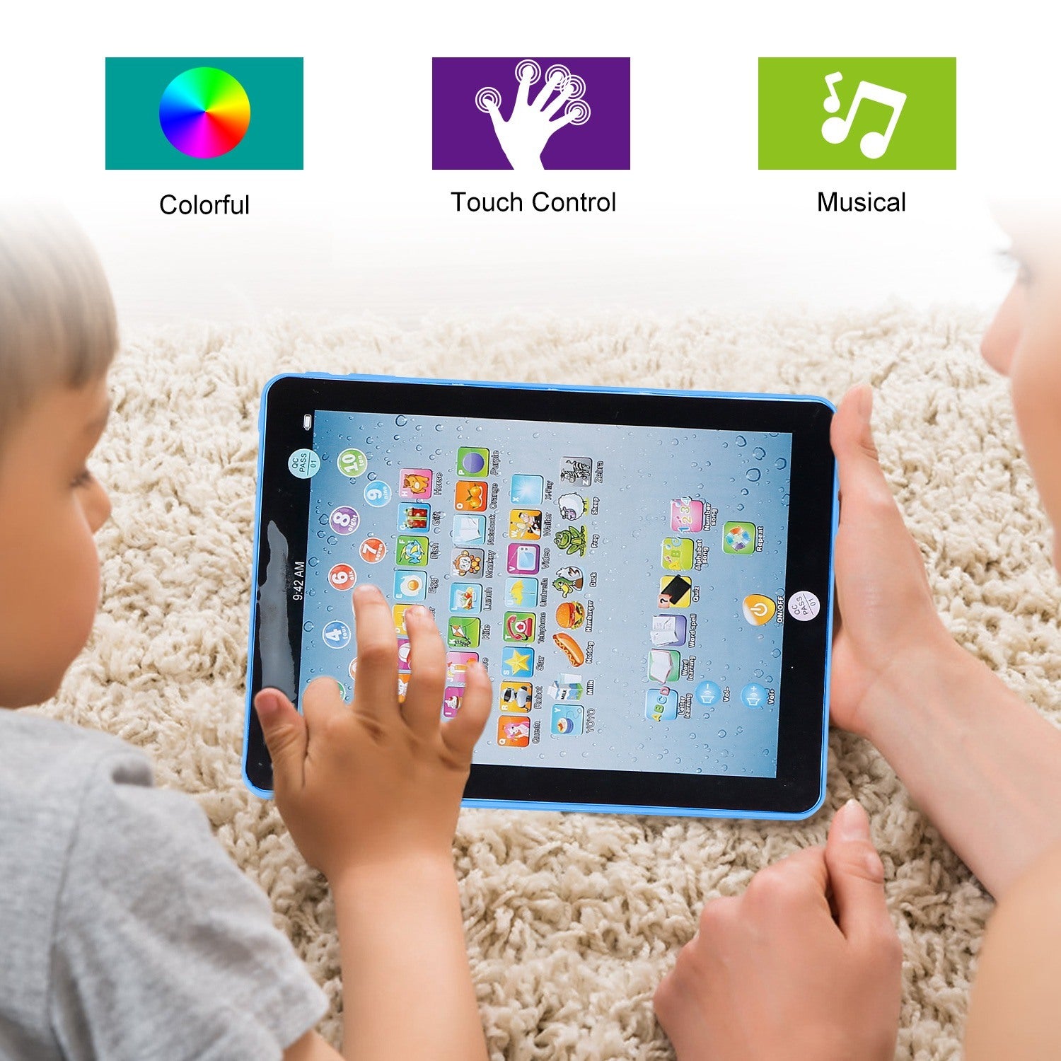 A young girl smiles while leaning on her arm next to an advertisement for a Baby Learning Tablet Educational Mini Pads Toys Touch Learn Toddler Tablet For ABC Numbers Words Gift, highlighting apps for kids aged 1-6.