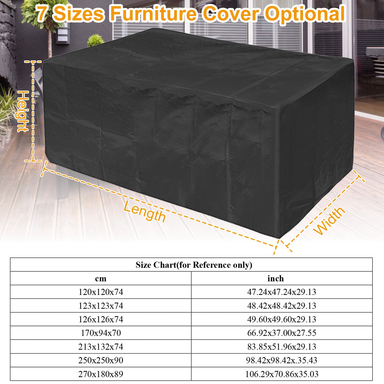 Large black 210D Waterproof Outdoor Furniture Cover made of Oxford cloth on a balcony, labeled as waterproof, anti-UV, windproof, and snow resistant, with an inset showing the cover in use and its storage bag.