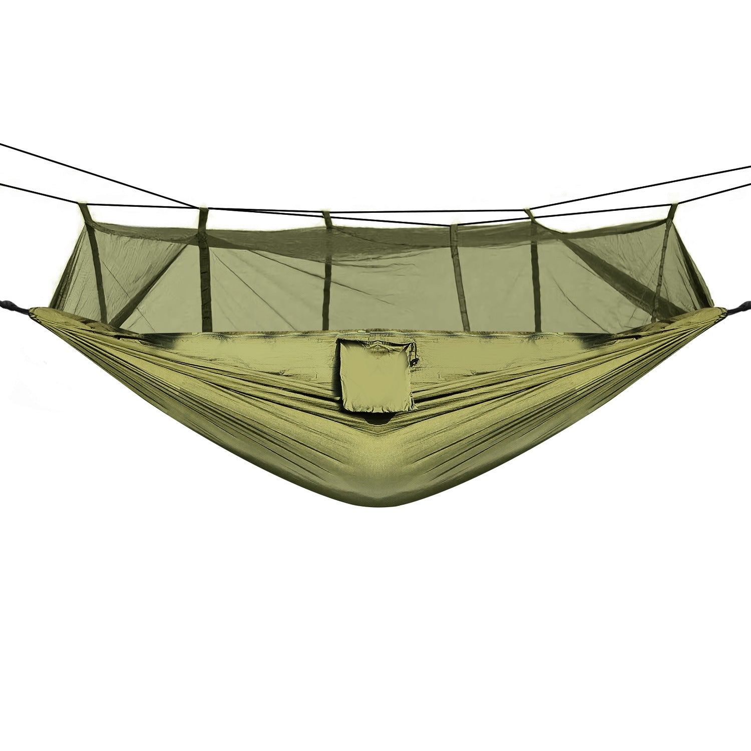 600lbs Load 2 Persons Hammock with Mosquito Net Outdoor Hiking Camping Hommock Portable Nylon Swing Hanging Bed, suspended by ropes on a white background.