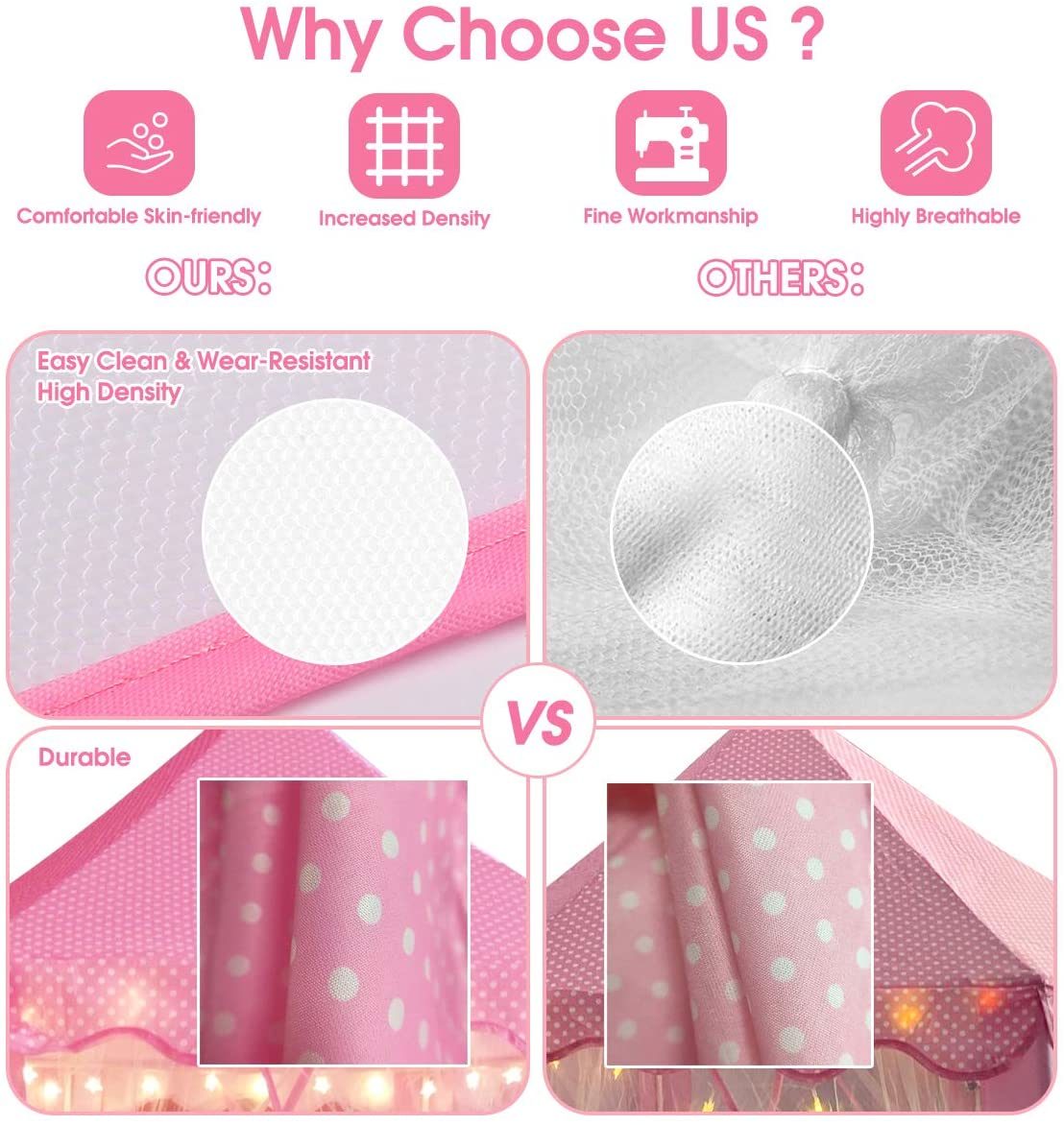 A pink Outdoor Indoor Portable Folding Princess Castle Tent Kids Children Funny Play Fairy House Kids Play Tent with its flap open, displaying several teddy bears inside, illuminated by string lights, with a star-shaped light visible at the top corner.