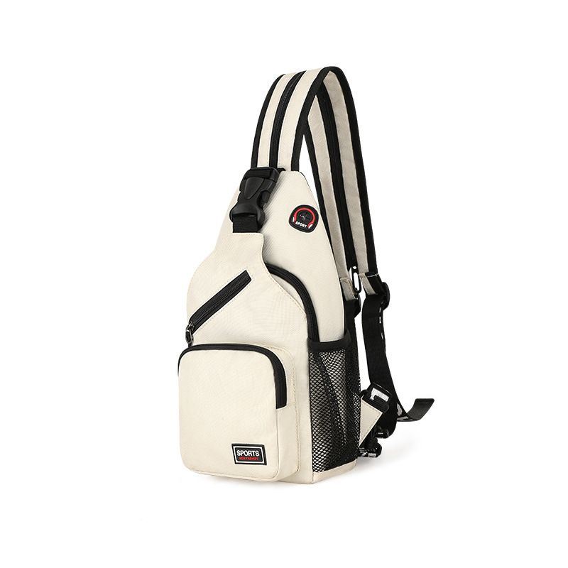 A small, cream-colored Colorpop Sling Bag with black zippers and trim, featuring two mesh side pockets and a sporty logo on the front.