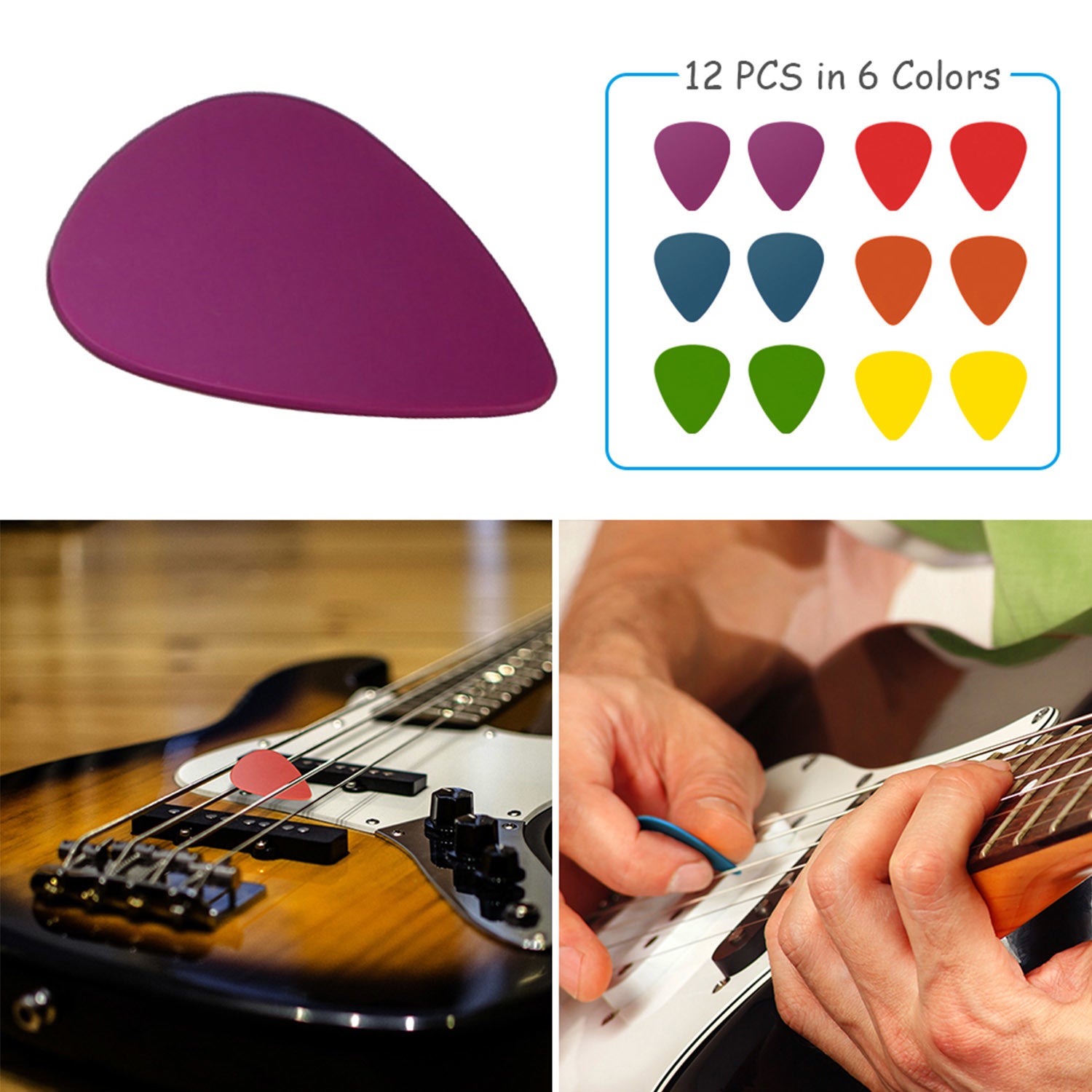 A circular arrangement of Standard Acoustic Electric Plectrums Guitar Picks 12-Pack in red, purple, green, yellow, and blue, creating a symmetrical pattern on a white background.