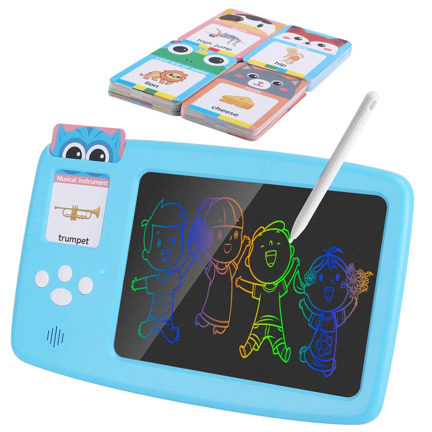A 224 Words Toddler Learning Toy Talking Flash Cards with LCD Writing Tablet Preschool Educational Reading Drawing Machine Autism Sensory Toy 3+ Years Old Children with stylus and cartoon drawings illuminated in a rainbow of colors, accompanied by music-themed flashcards, is an ideal early education machine.