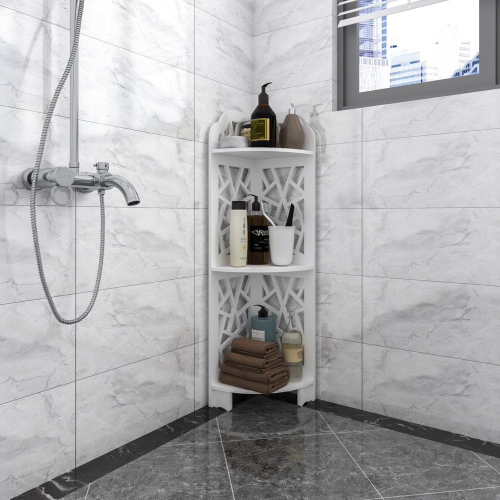 A white Free shipping 3 Tier Corner Shower Shelf Waterproof stocked with various toiletries next to a toilet in a modern bathroom with marble tiles.