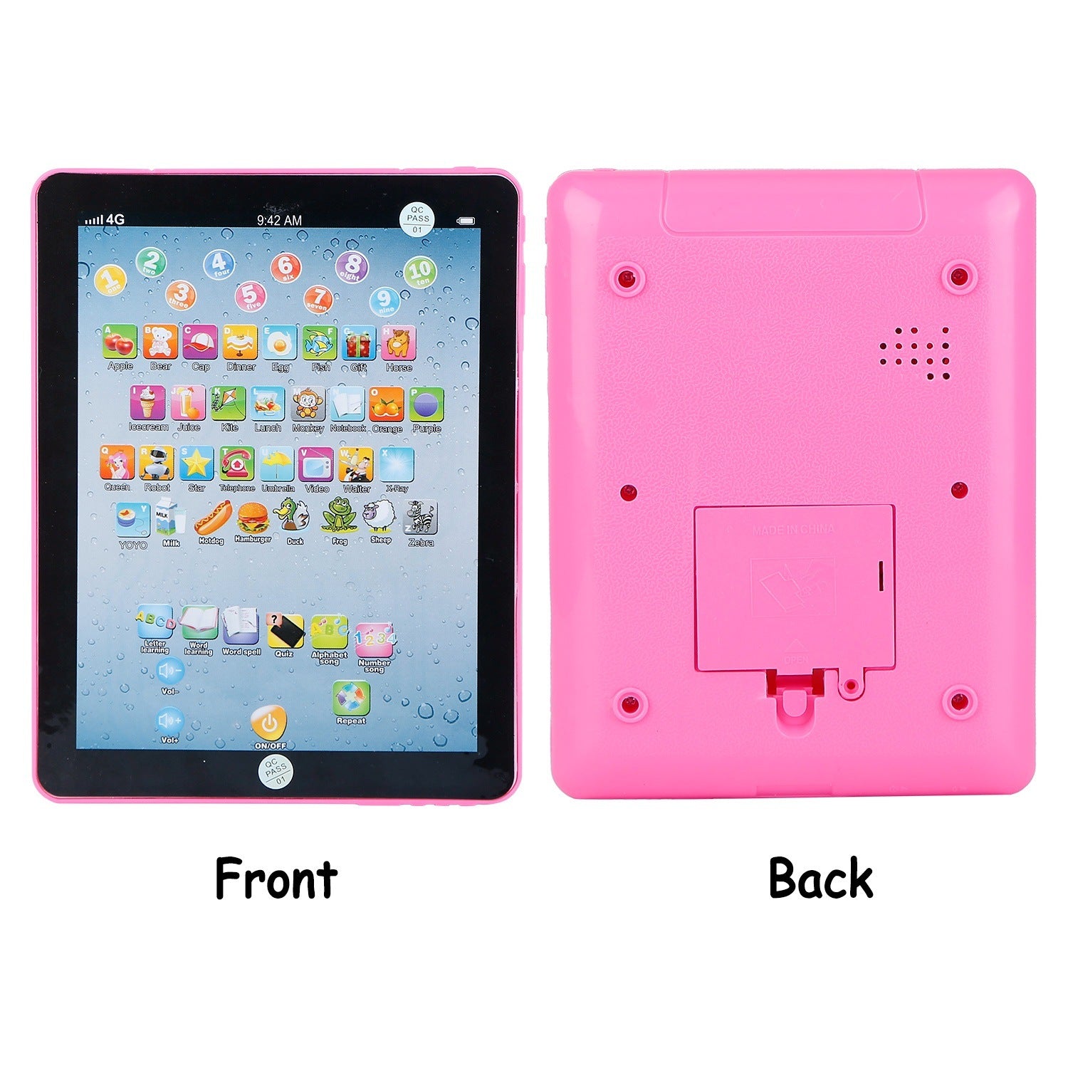 A young girl smiles while leaning on her arm next to an advertisement for a Baby Learning Tablet Educational Mini Pads Toys Touch Learn Toddler Tablet For ABC Numbers Words Gift, highlighting apps for kids aged 1-6.