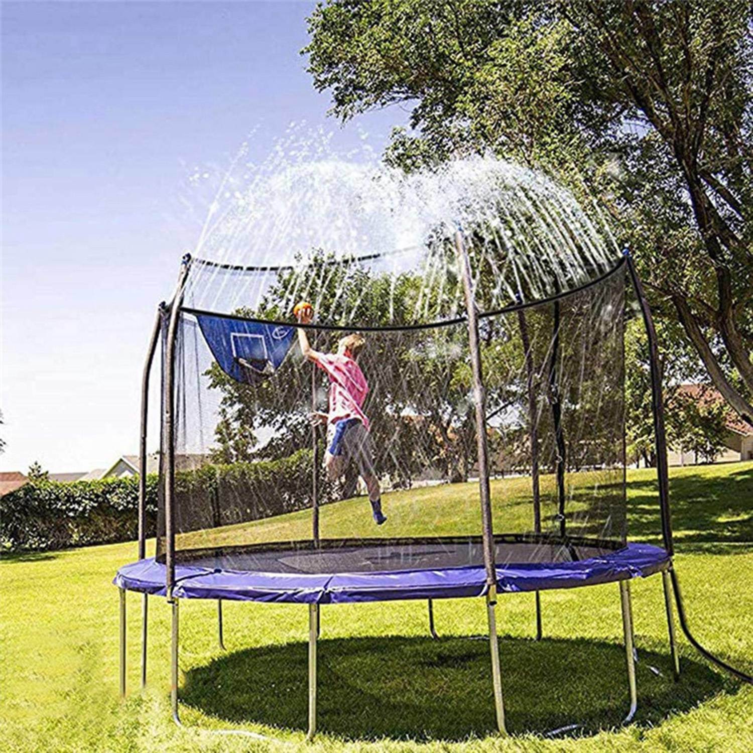 Children play on a Kids Trampoline Sprinkler under a Kids Trampoline Sprinkler, with a spray hose and attachments visible in the foreground.
