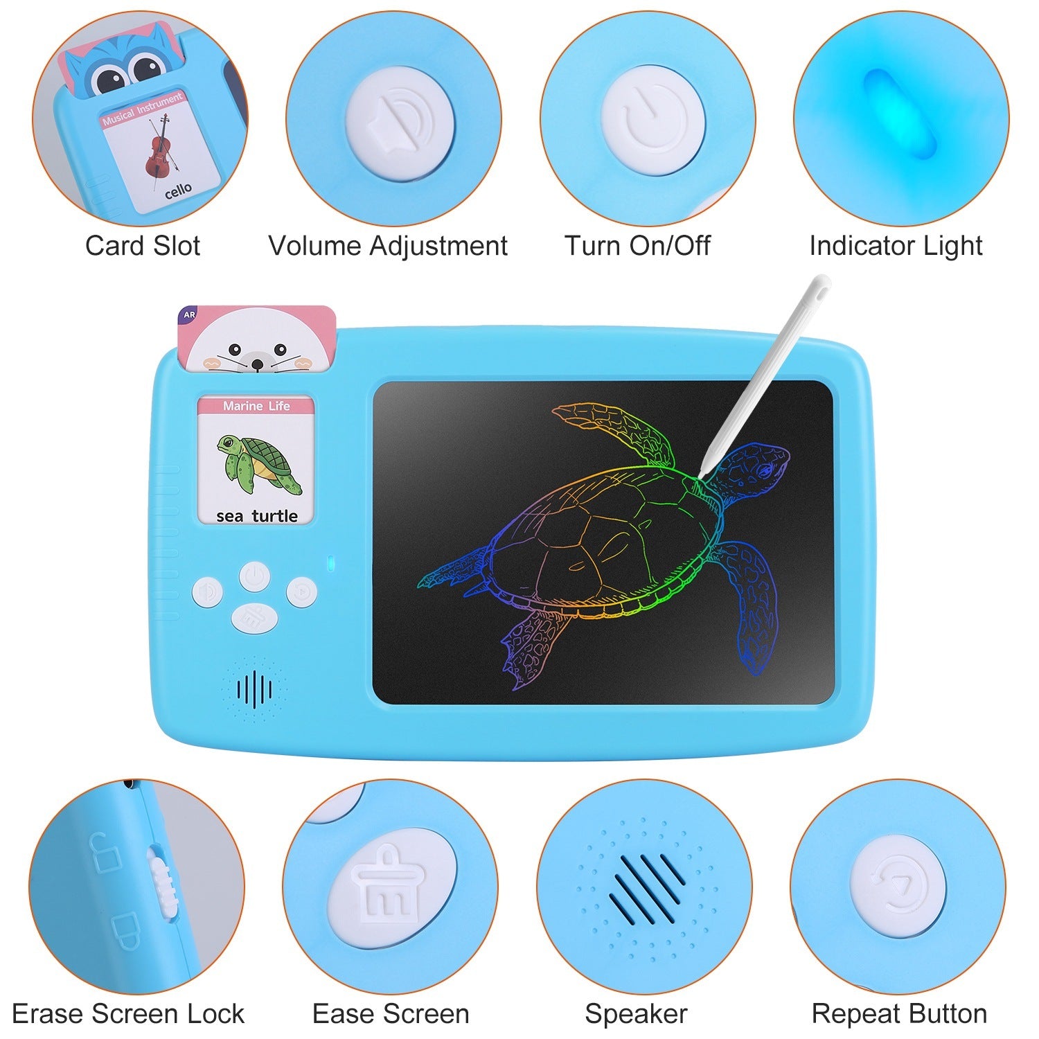 A 224 Words Toddler Learning Toy Talking Flash Cards with LCD Writing Tablet Preschool Educational Reading Drawing Machine Autism Sensory Toy 3+ Years Old Children with stylus and cartoon drawings illuminated in a rainbow of colors, accompanied by music-themed flashcards, is an ideal early education machine.