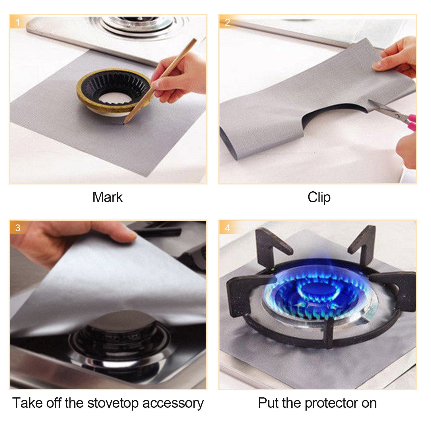 A stack of 4-Pack Reusable Nonstick Stovetop Burner Protector Liner papers with a white circle and crossing lines symbol in the center of the top sheet, treated with a PTFE coating.