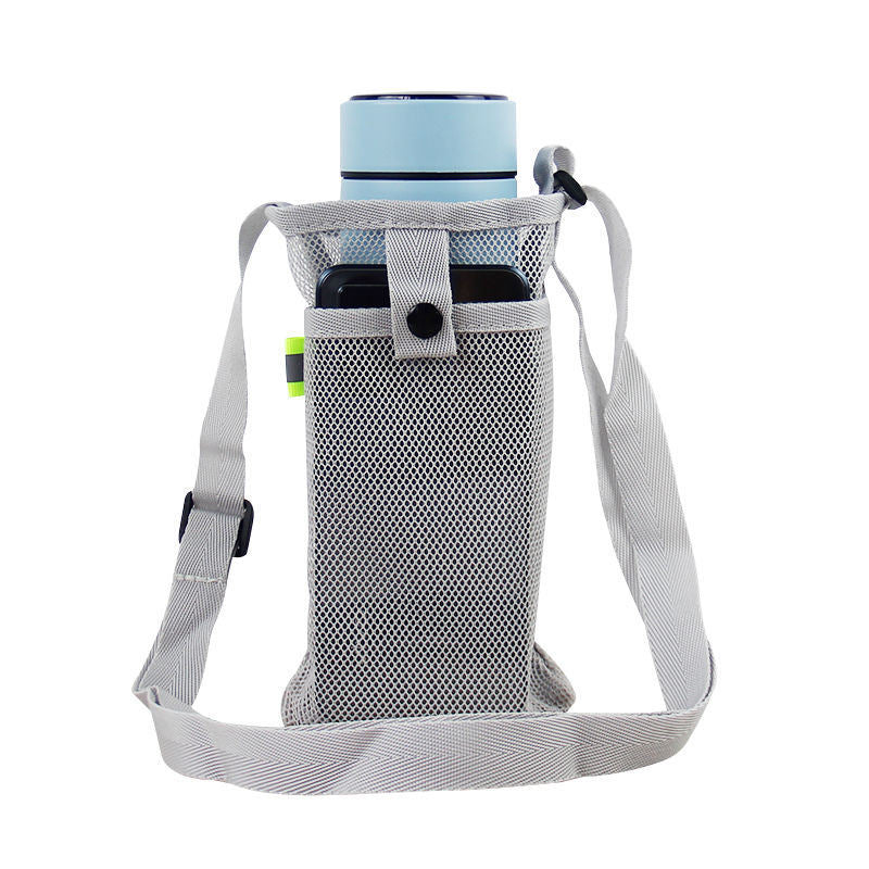 Black mesh Water and Phone bag with a shoulder strap and a blue water bottle partially visible at the top.