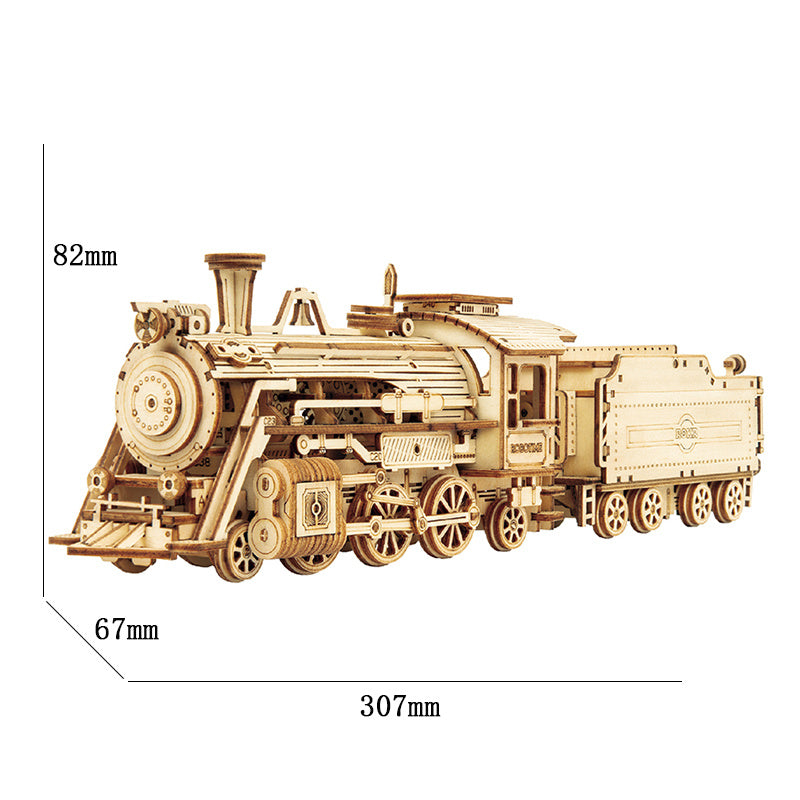 A detailed Robotime ROKR 3D Wooden Puzzle Toy Assembly Model Building Kit of a classic steam locomotive with intricate designs, displayed on a solid white background. No glue required.