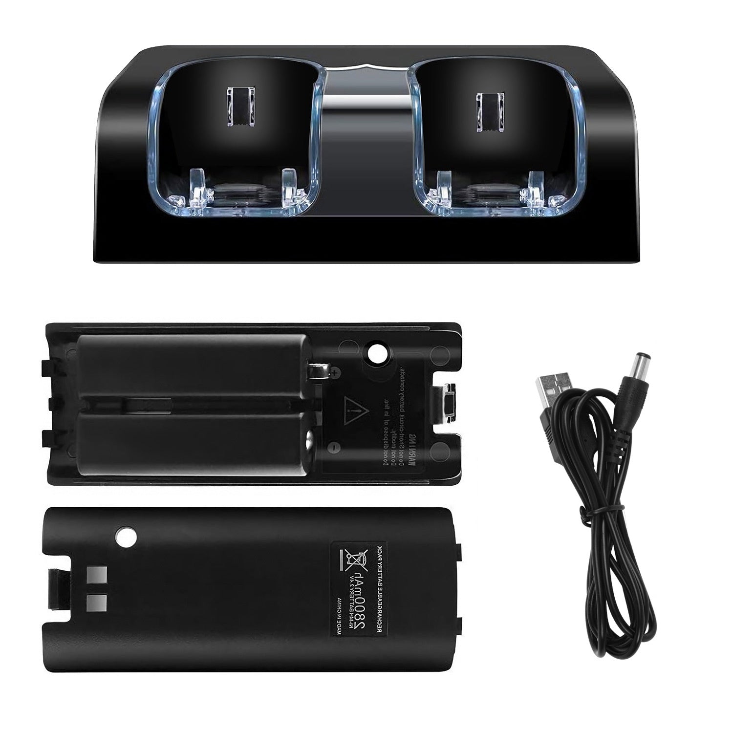 A For Wii Remote Controller Charger Dual Charge Dock with Two 2800mAh Rechargeable Batteries station for gaming controllers with rechargeable batteries, a USB cable, and safety feature icons displayed.