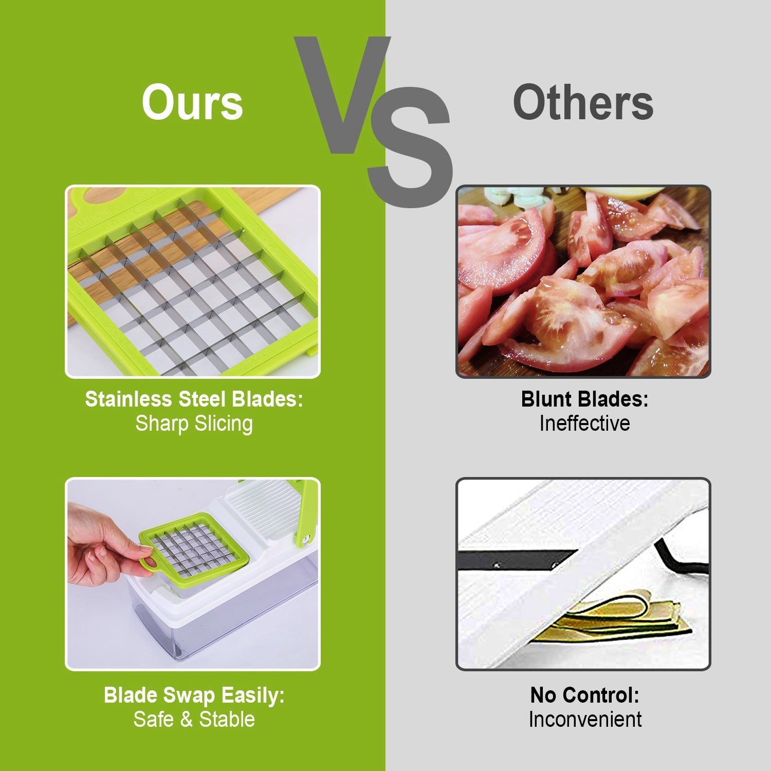 A Vegetable Slicer Quick Potato Tomato Fruit Cutter Set with 3 Blades Stainless Steel Food Chopper with sliced carrots inside it, placed on a kitchen counter with tomatoes nearby.