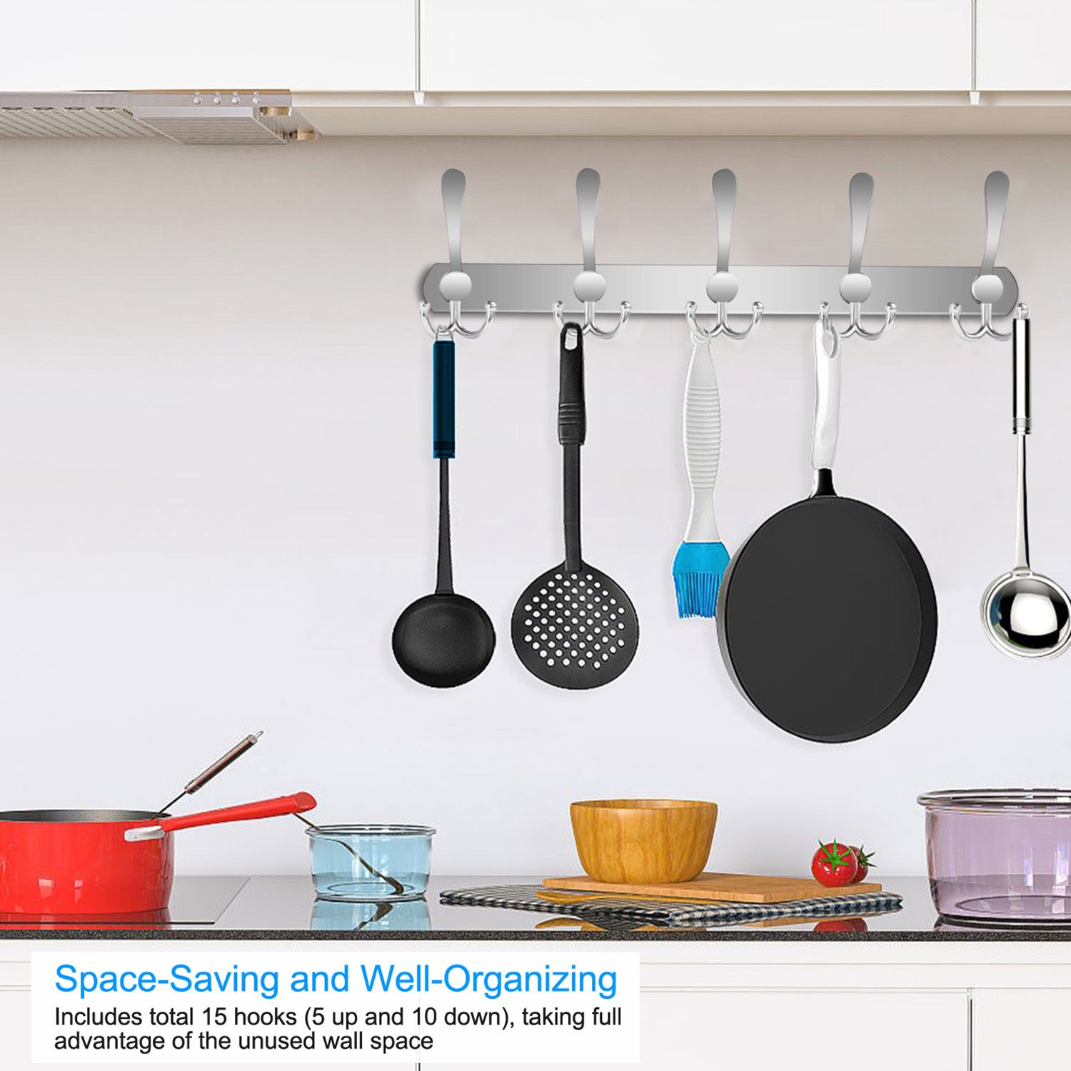 Wall Mount Coat Hook with fifteen stainless steel double hooks on a sleek, horizontal board, isolated on a white background.