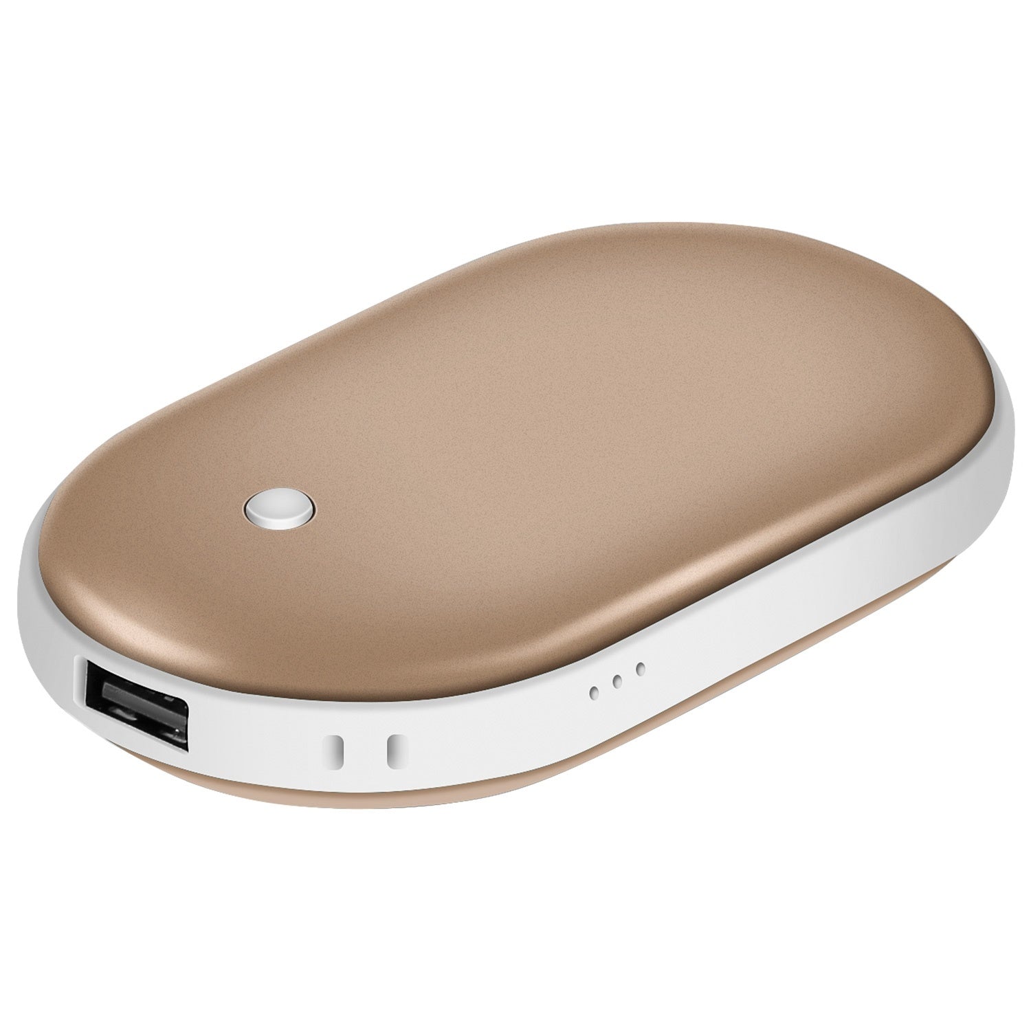 Silver Portable Hand Warmer 5000mAh Power Bank Rechargeable Pocket Warmer Double-Sided Heating Hand Warmer with a round power button, LED indicators, and a USB port on a white background.