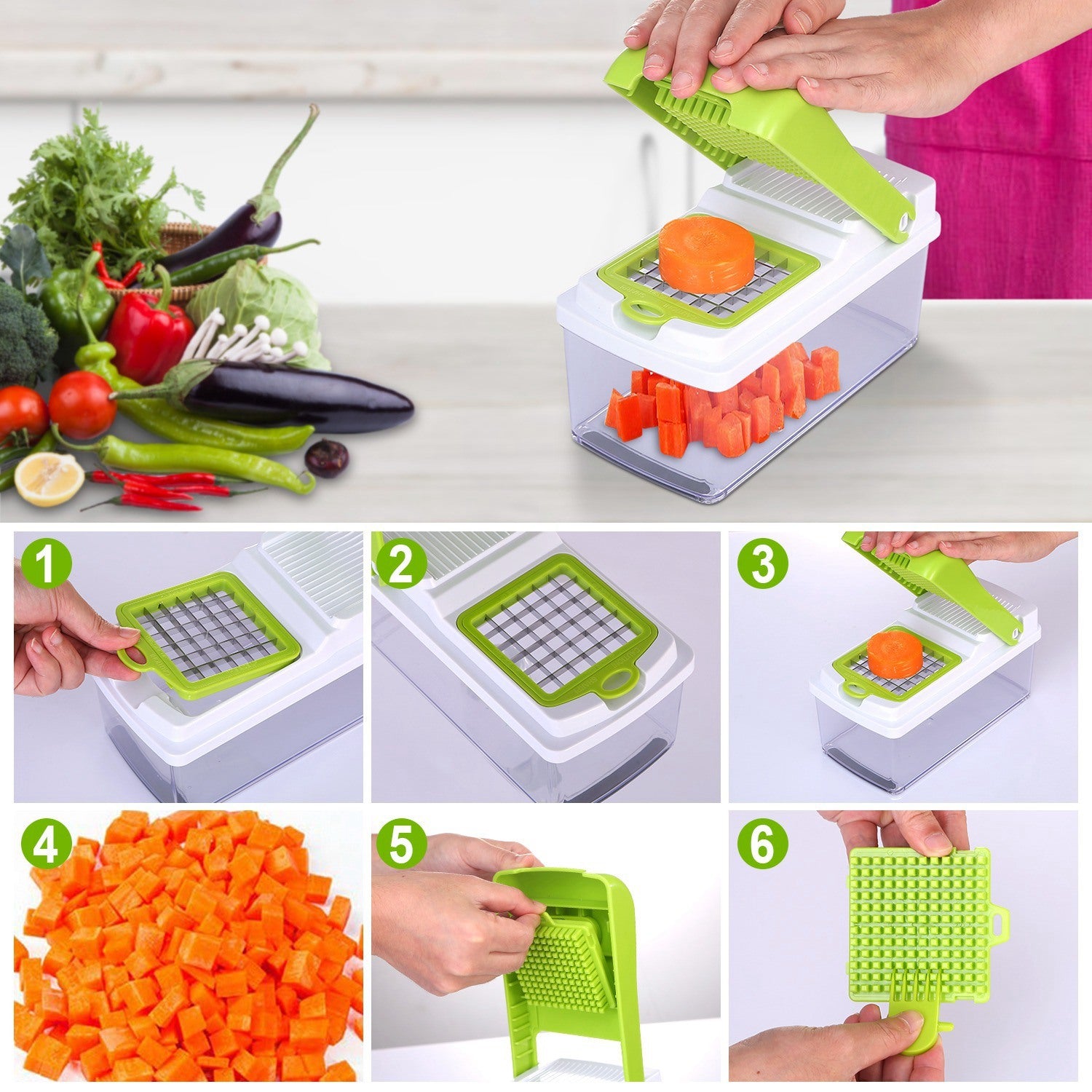 A Vegetable Slicer Quick Potato Tomato Fruit Cutter Set with 3 Blades Stainless Steel Food Chopper with sliced carrots inside it, placed on a kitchen counter with tomatoes nearby.