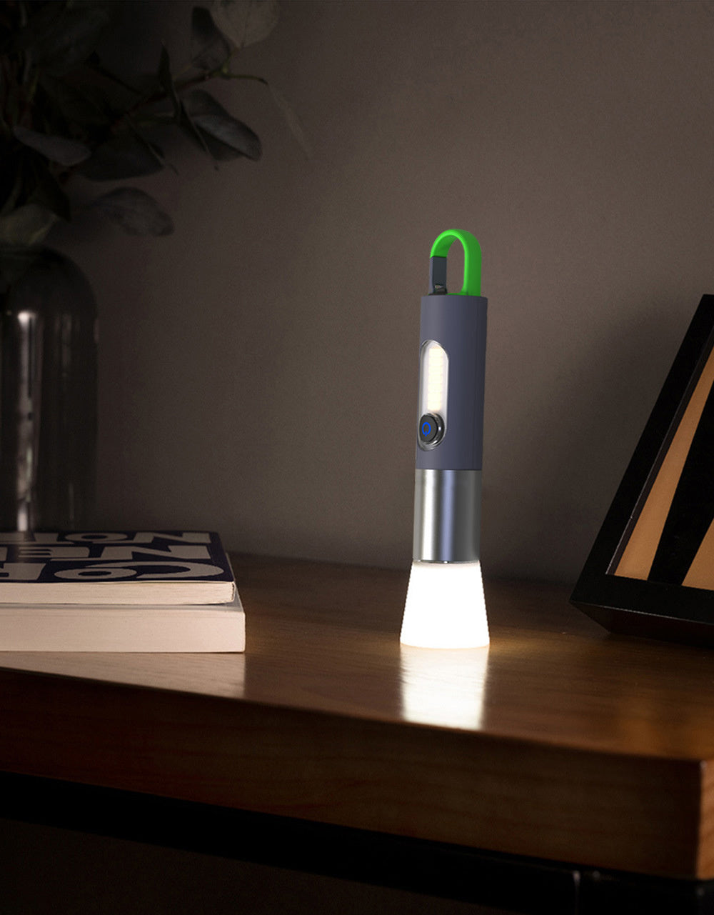 Two modern portable Flash Flashlights with built-in radios and USB fast direct charging ports, one displayed open to show the radio, both emitting light from their bases.