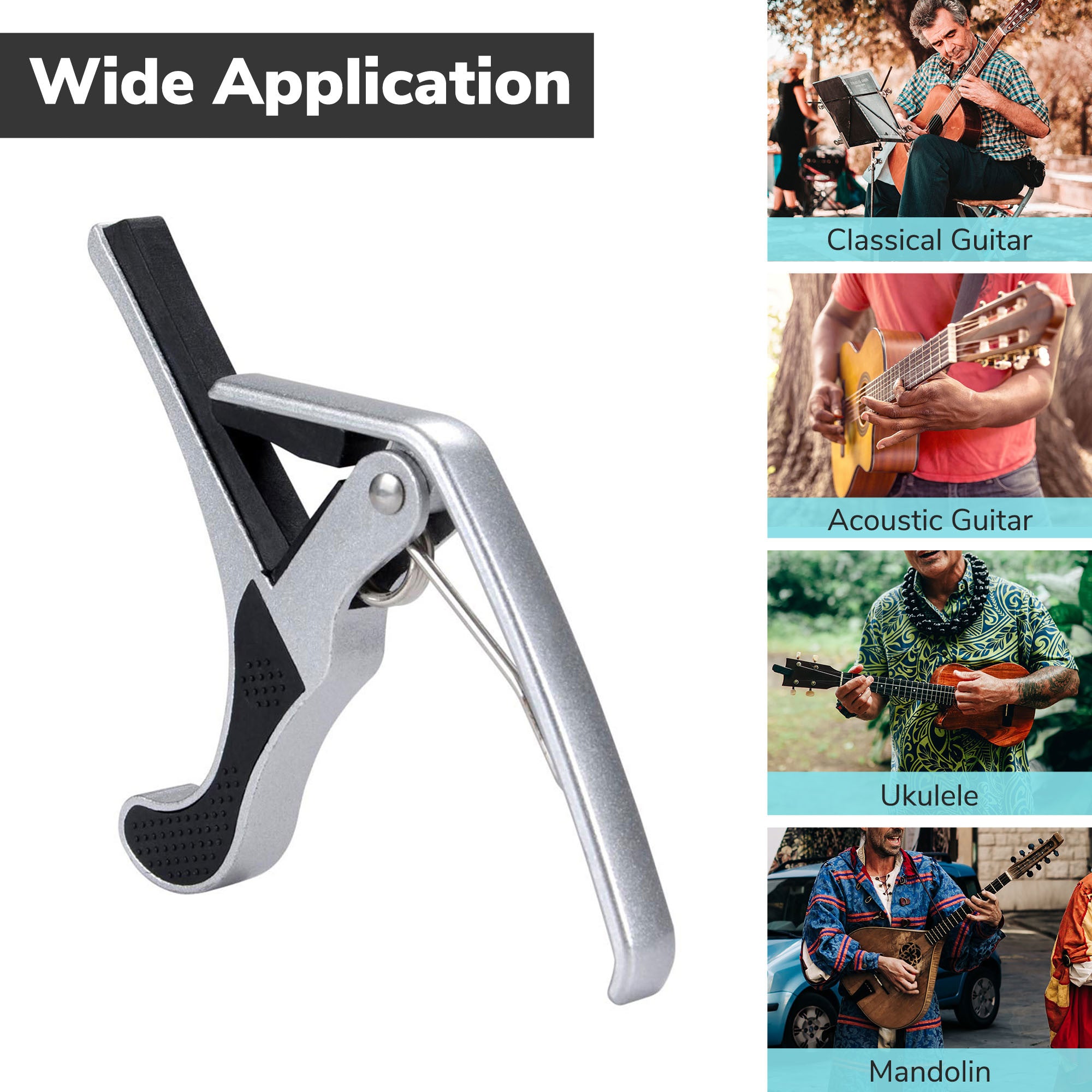 Aluminum alloy silver Guitar Capo with black rubber padding, isolated on a white background.