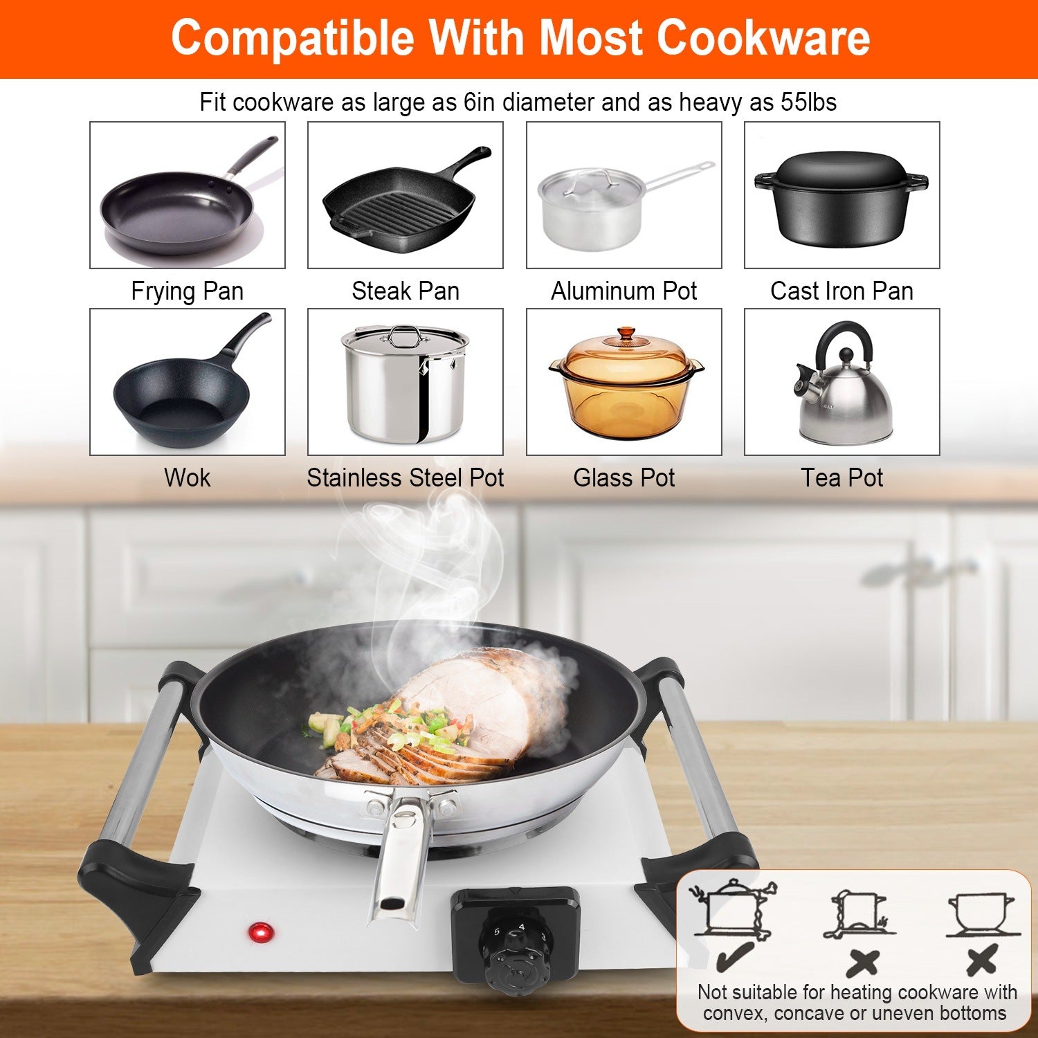 Sentence with Product Name: 1000W Electric Single Burner Portable Coil Heating Hot Plate Stove Countertop RV Hotplate with 5 Temperature Adjustments Portable Handles displayed with a man cooking on it in a kitchen setup.