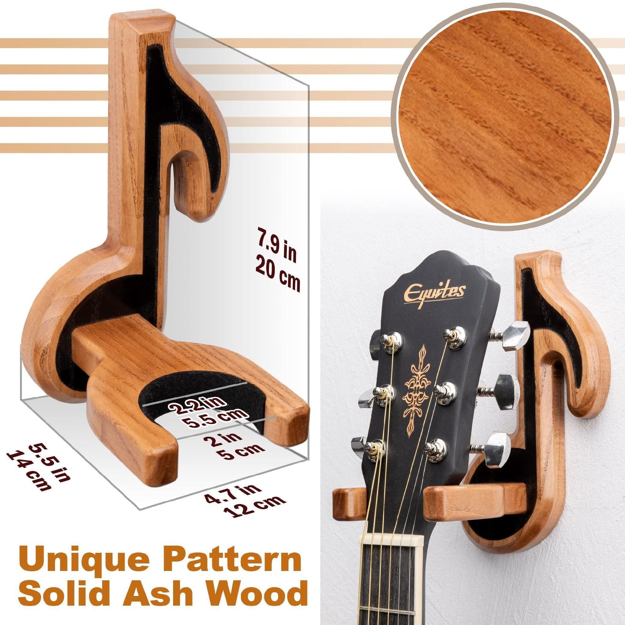 A Guitar Holder Wall Mount Ash Wood with a detailed guitar neck and headstock positioned within it, isolated on a white background.