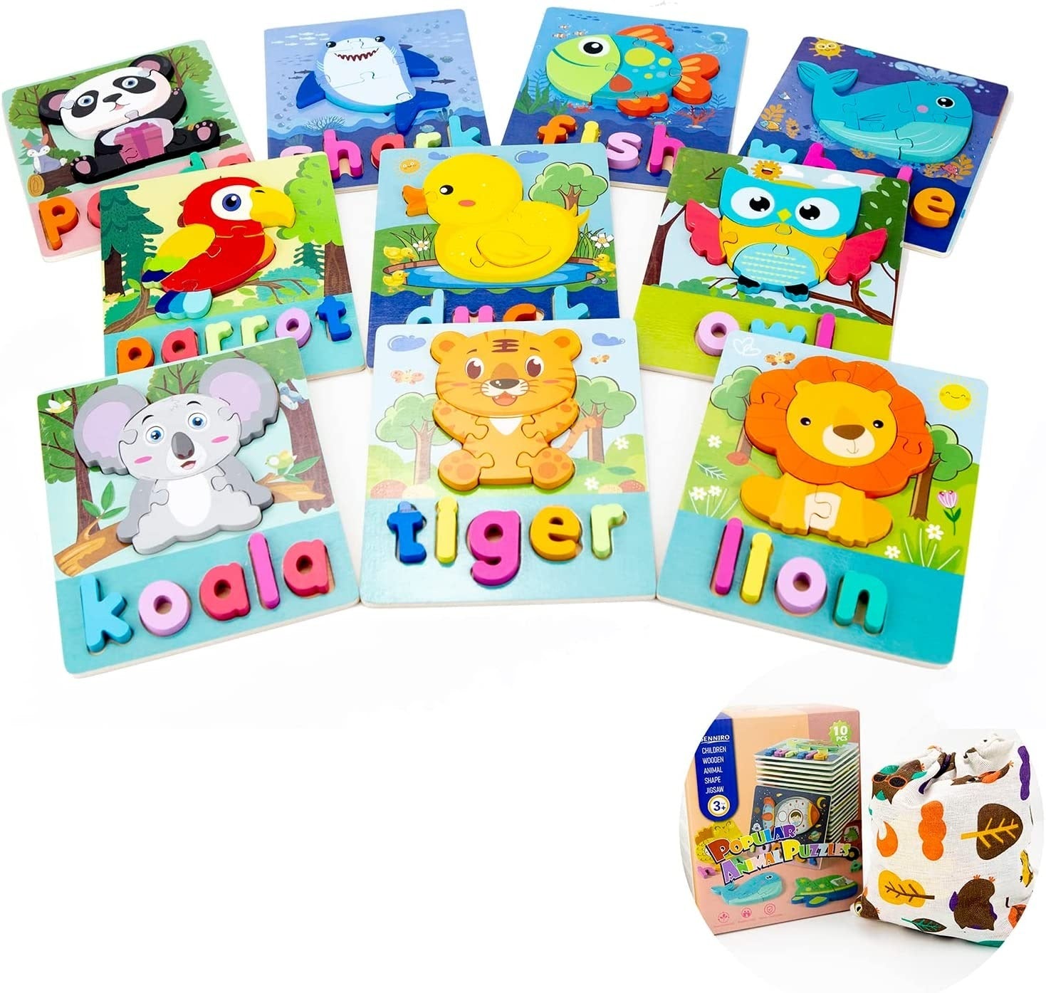 Collection of 10 Pack Wooden Toddler Puzzles Spelling with names displayed, including a tiger, lion, and parrot, arranged on a white background.