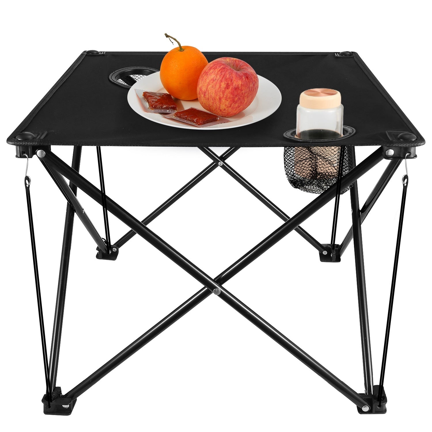 Portable black camping chair with two cup holders, made from sturdy 600D Oxford fabric, shown both set up and folded inside a carry bag.