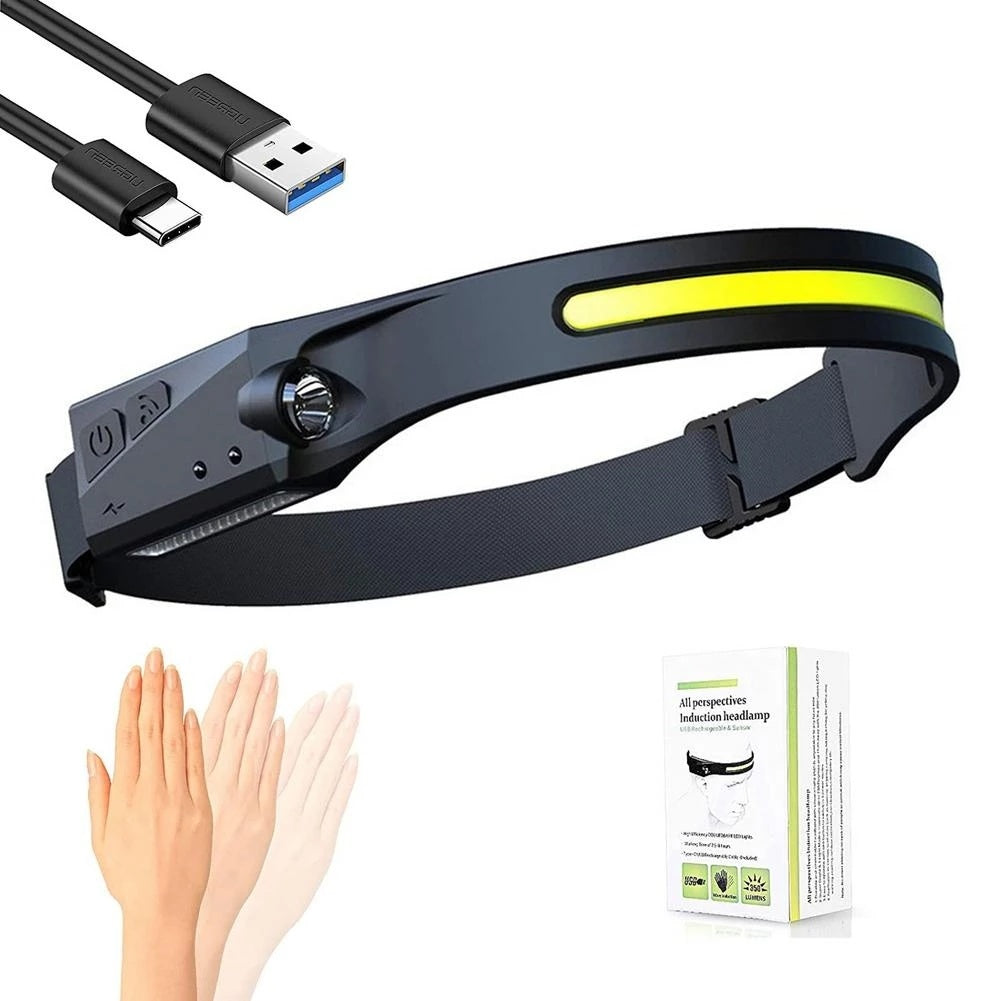 A black Induction COB-XPE LED headlamp with a yellow stripe, adjustable strap, and side control buttons isolated on a white background.