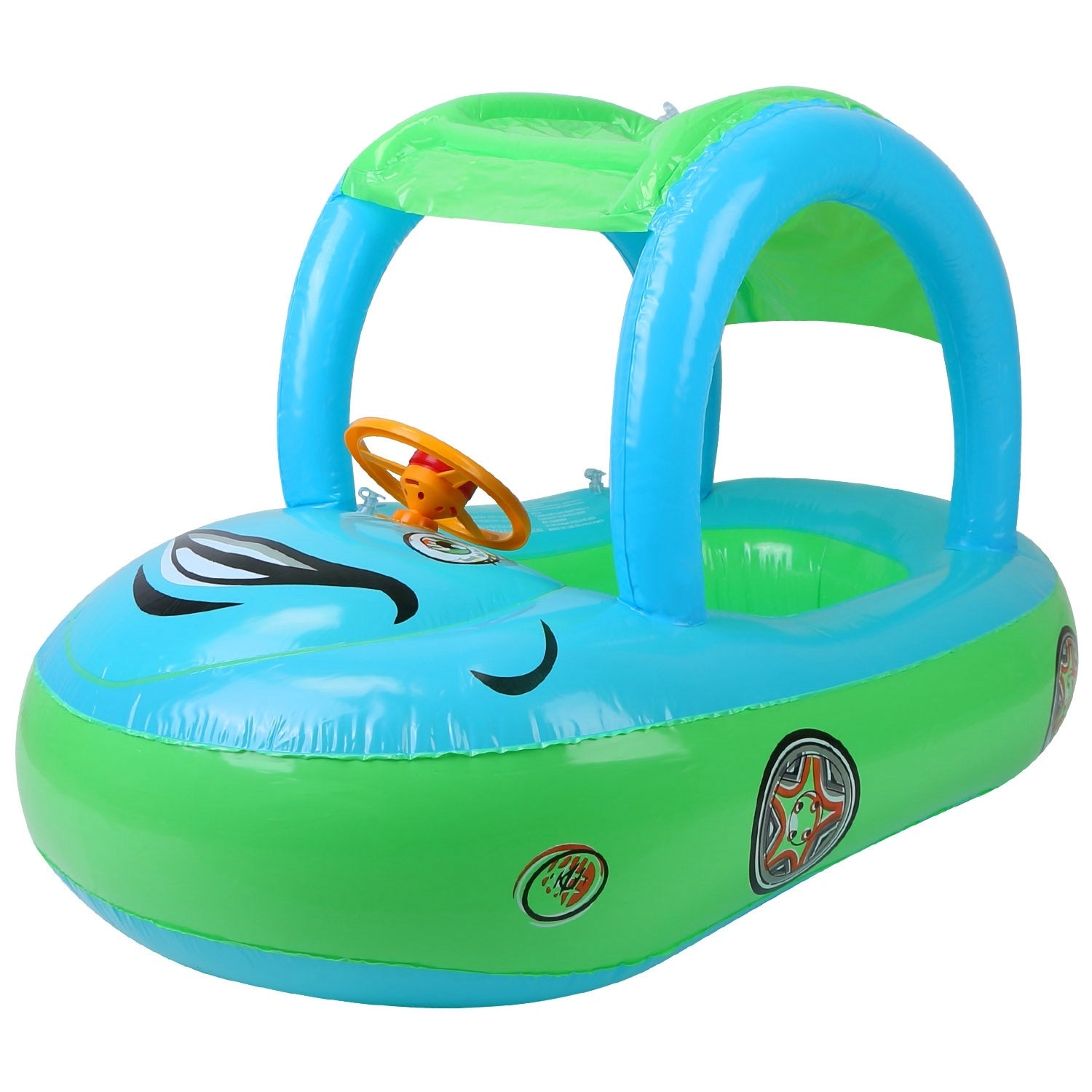 A young child smiles while sitting in a colorful Baby Inflatable Pool Float Car Shaped Toddler Swimming Float Boat Pool Toy Infant Swim Ring Pool with Sun Protection Canopy for 1-3 Year-Old Kids Infant Toddlers in a swimming pool.