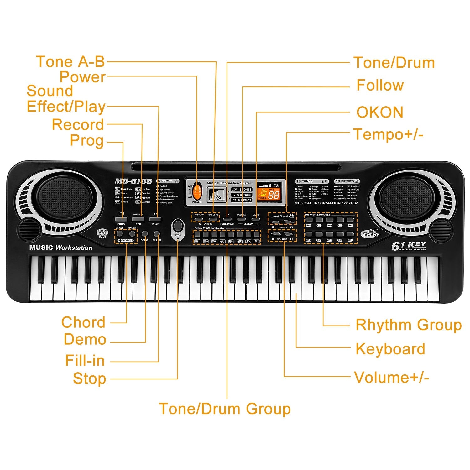 Collage of children playing musical instruments and a 61 Keys Digital Music Electronic Keyboard Electric Piano Musical Instrument Kids Learning Keyboard with features highlighted, including keys, tones, and accessories.