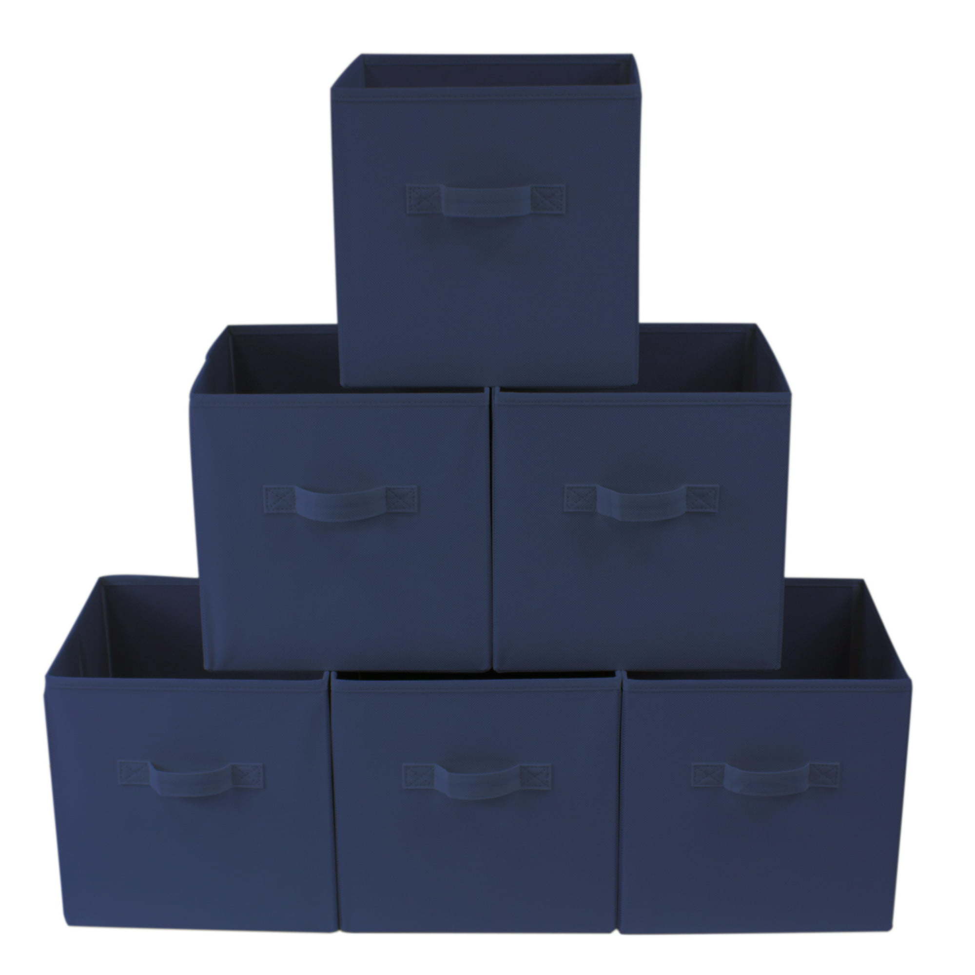 Five black Collapsible Cube Fabric Storage Bins (10.5" x 10.5"), 6 Pack with handles, stacked in a pyramid arrangement on a white background.
