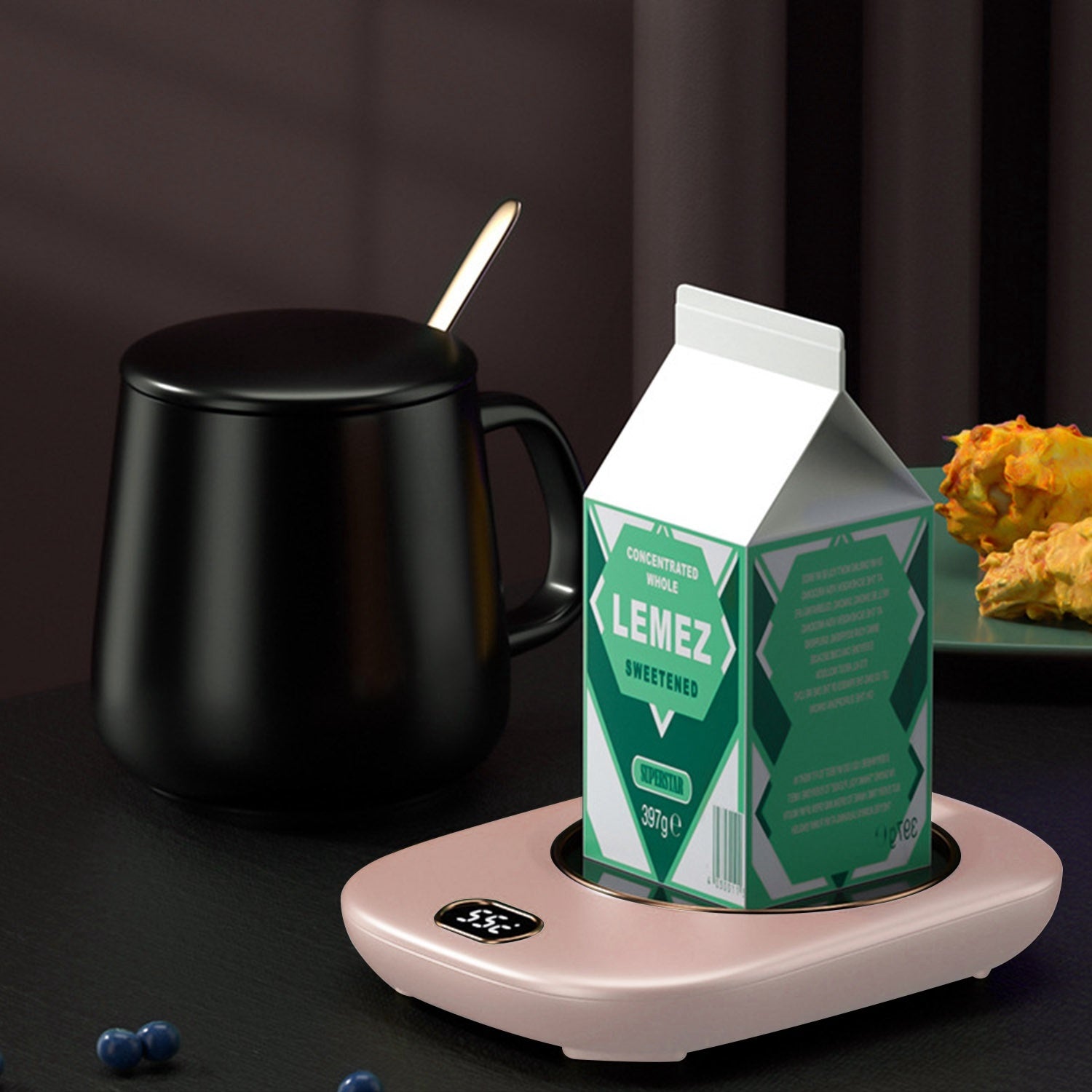 A pink Electric Coffee Mug Warmer for Desk Auto Shut off USB Tea Milk Beverage Cup 3 Temperature Setting with a digital display showing the temperature at 55 degrees Celsius and auto off feature.