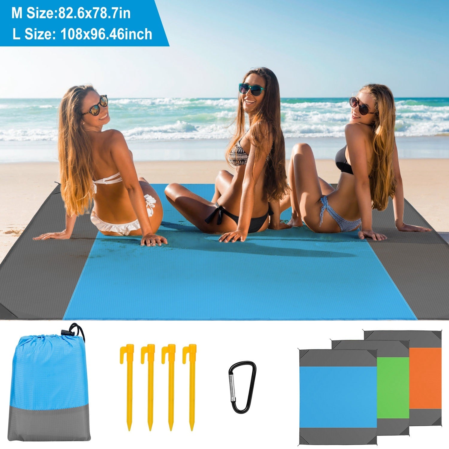 108x96.46in Sand Proof Picnic Blanket Water Resistant Foldable Camping Beach Mat with stakes and a carry bag, isolated on a white background.