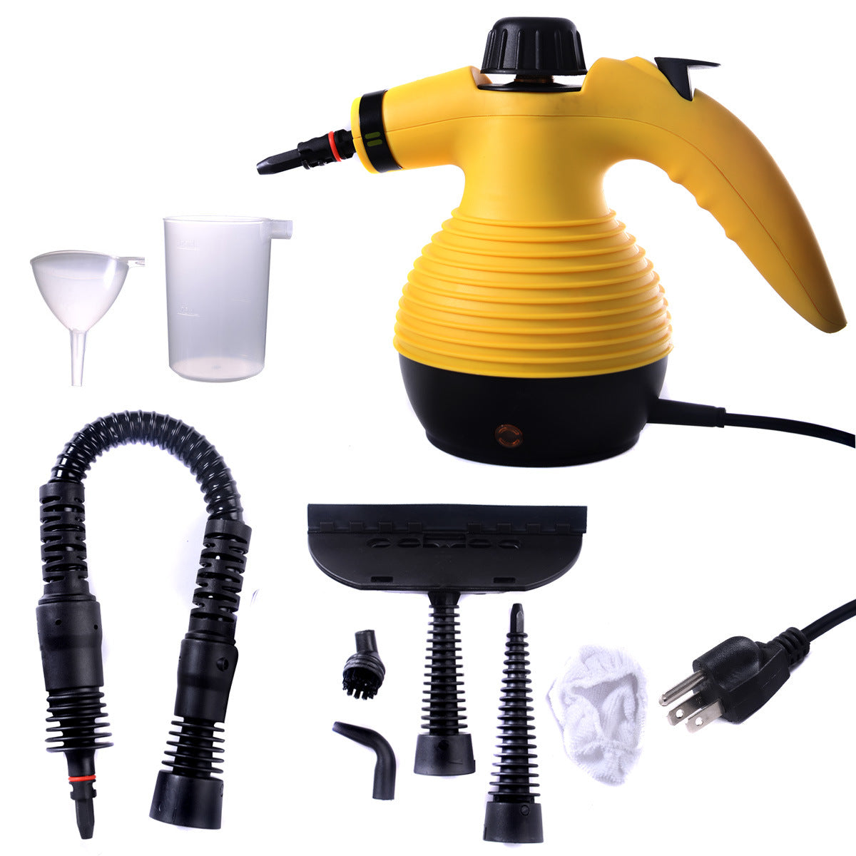 Yellow Handheld Pressurized Steam Cleaner with 9-Piece Accessory Set, Multifunctional Steam Cleaning for Car, Home, Bedroom, Chemical-Free XH being used next to a sink, with an inset image displaying its various attachments and storage bag.