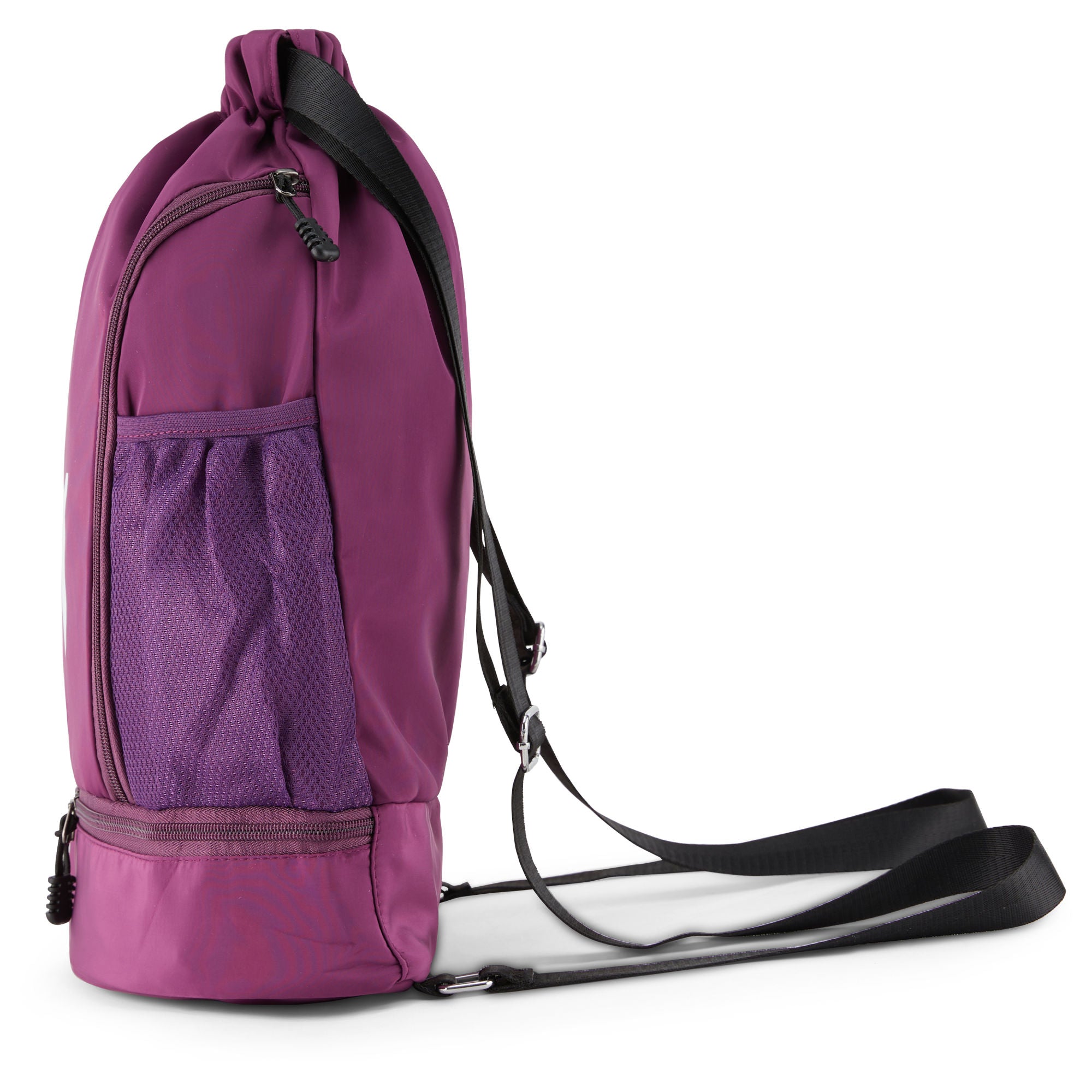 Clarissa GO Bag with a white airplane and suitcase icon, featuring an external pocket and a purple smartphone in a side holder.