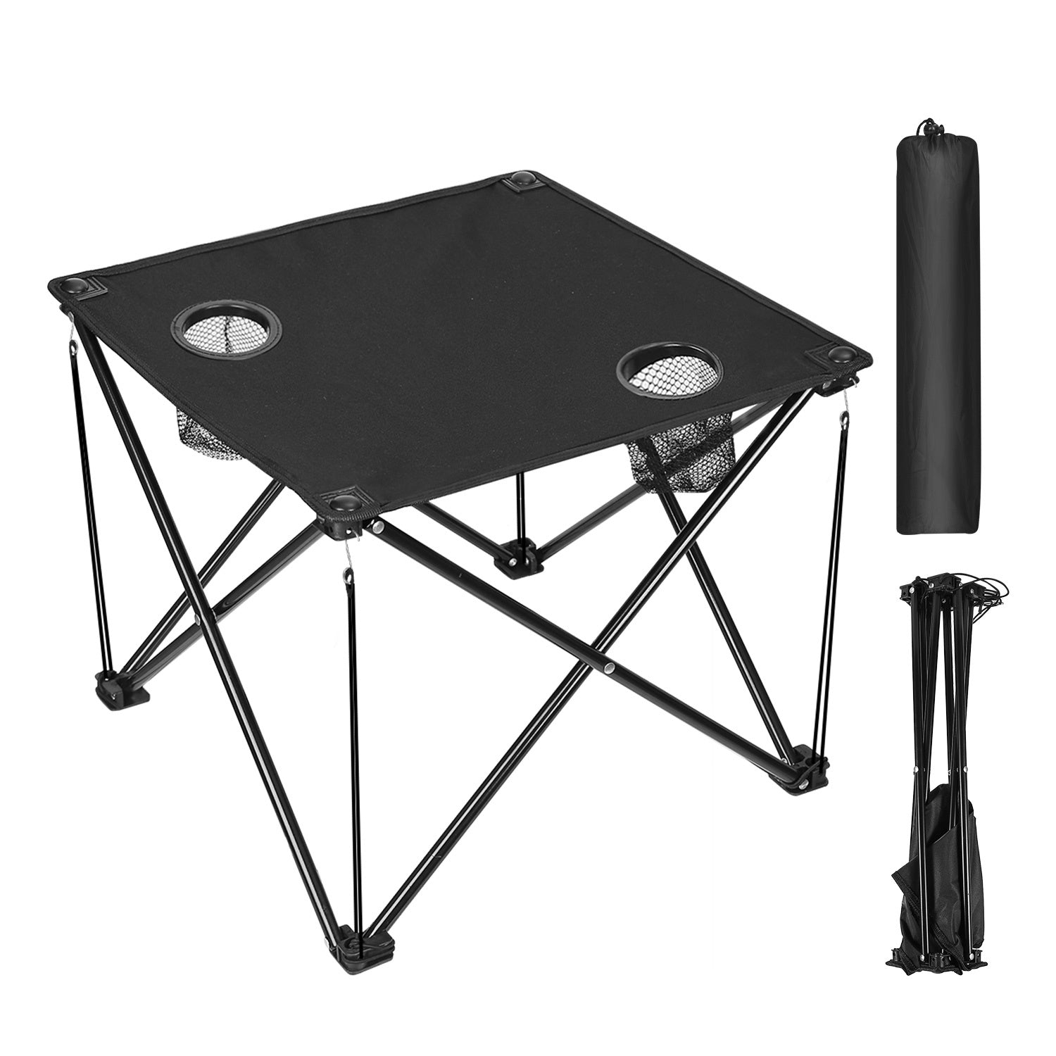 Portable black camping chair with two cup holders, made from sturdy 600D Oxford fabric, shown both set up and folded inside a carry bag.
