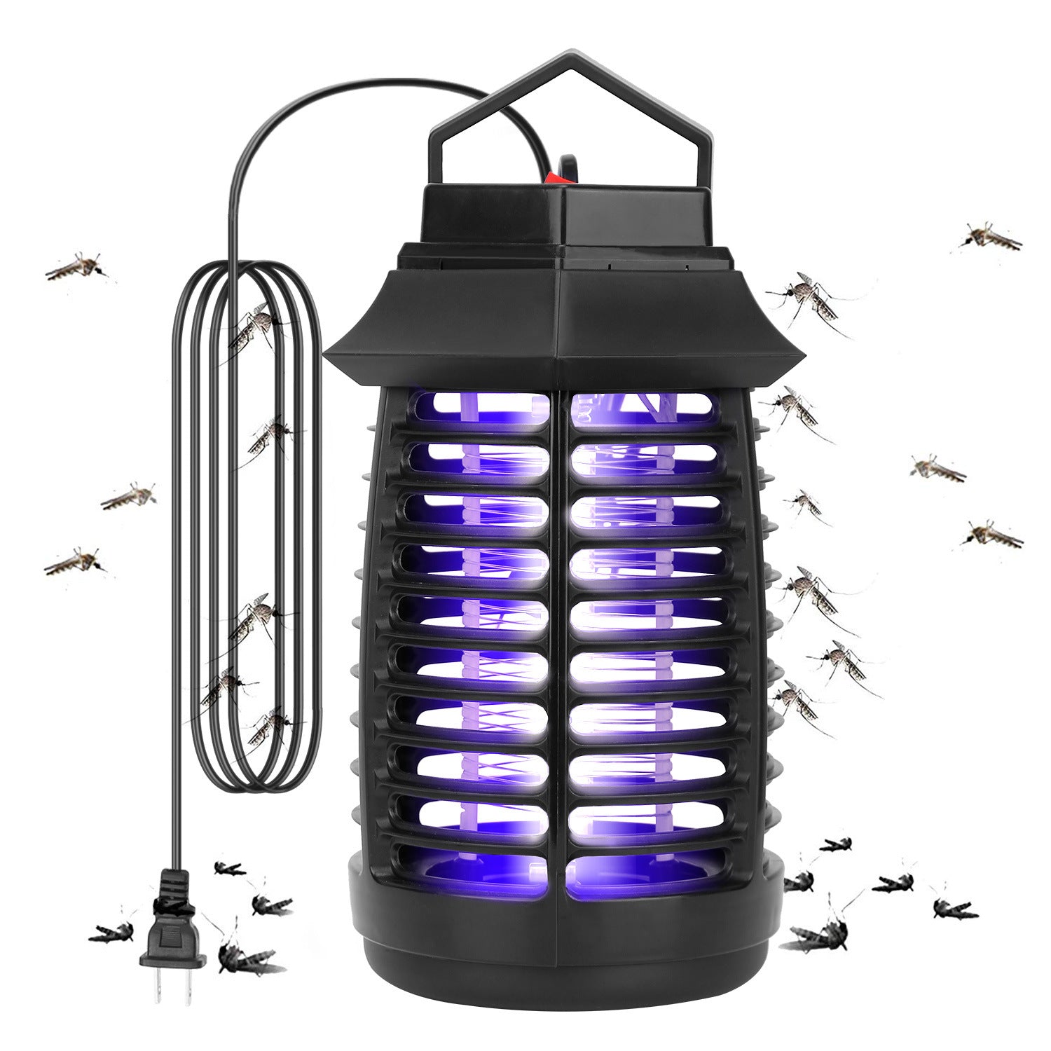 Bug Zapper Electric UV Mosquito Killer Lamp Insect Killer Light Pest Fly Trap Catcher with UV light and electric shock, surrounded by flying mosquitoes, isolated on white background.