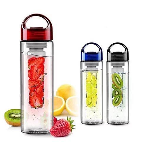 Three Fruitzola - The Fruit Infuser Water Bottles with Handles by Good Living in Style, displaying strawberry, lemon, and kiwi slices, each with a different color lid - red, blue, and black.