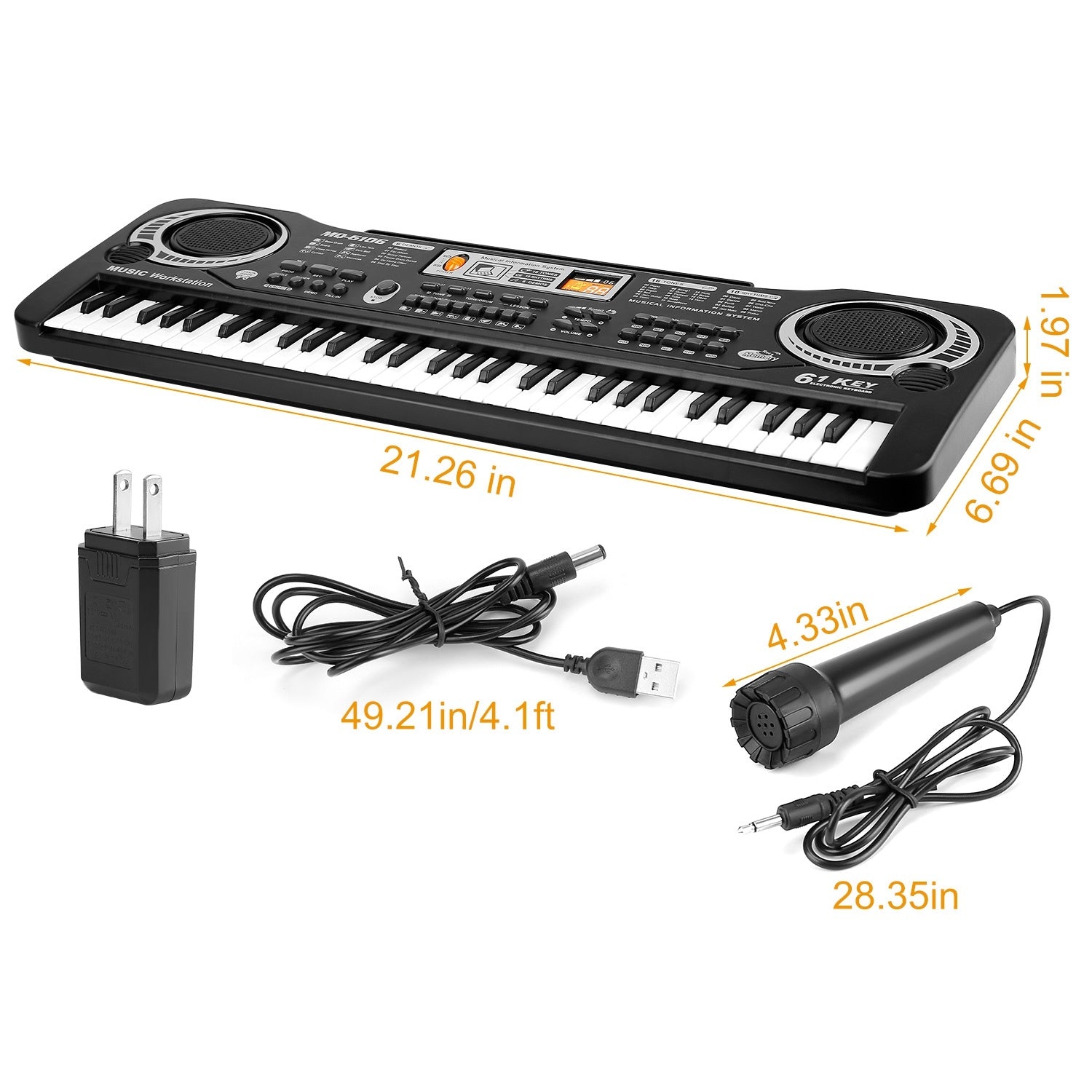 Collage of children playing musical instruments and a 61 Keys Digital Music Electronic Keyboard Electric Piano Musical Instrument Kids Learning Keyboard with features highlighted, including keys, tones, and accessories.