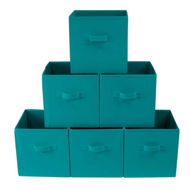 Five black Collapsible Cube Fabric Storage Bins (10.5" x 10.5"), 6 Pack with handles, stacked in a pyramid arrangement on a white background.