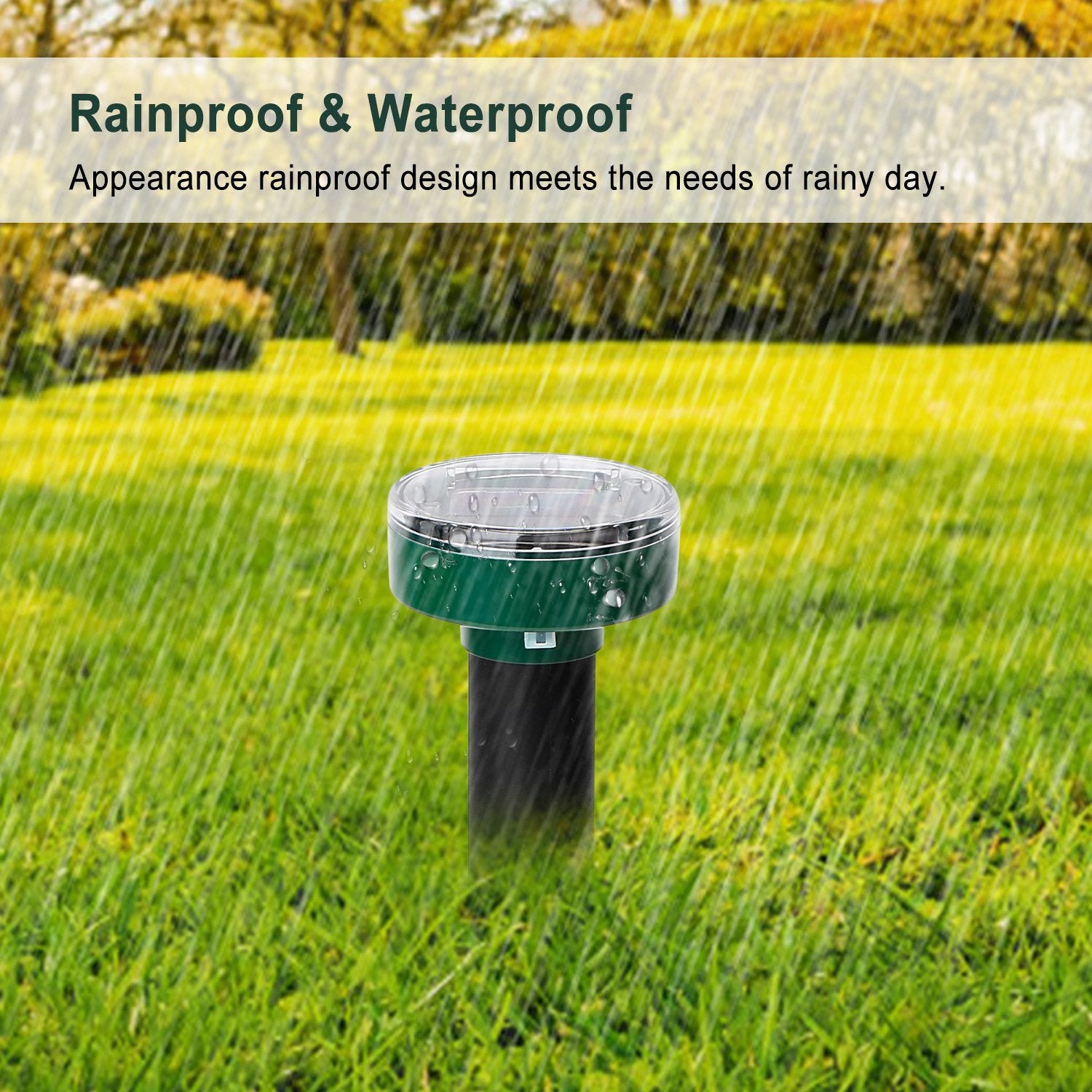 Four 4Pcs Solar Powered Mole Repeller Sonic Gopher Stakes inserted in the ground with icons emphasizing their features like waterproof protection and safety, beside a girl and a chicken in a grassy yard.