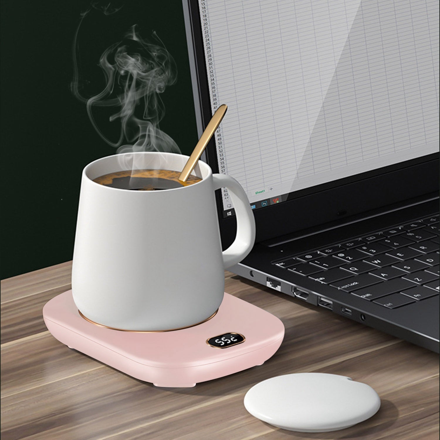 A pink Electric Coffee Mug Warmer for Desk Auto Shut off USB Tea Milk Beverage Cup 3 Temperature Setting with a digital display showing the temperature at 55 degrees Celsius and auto off feature.