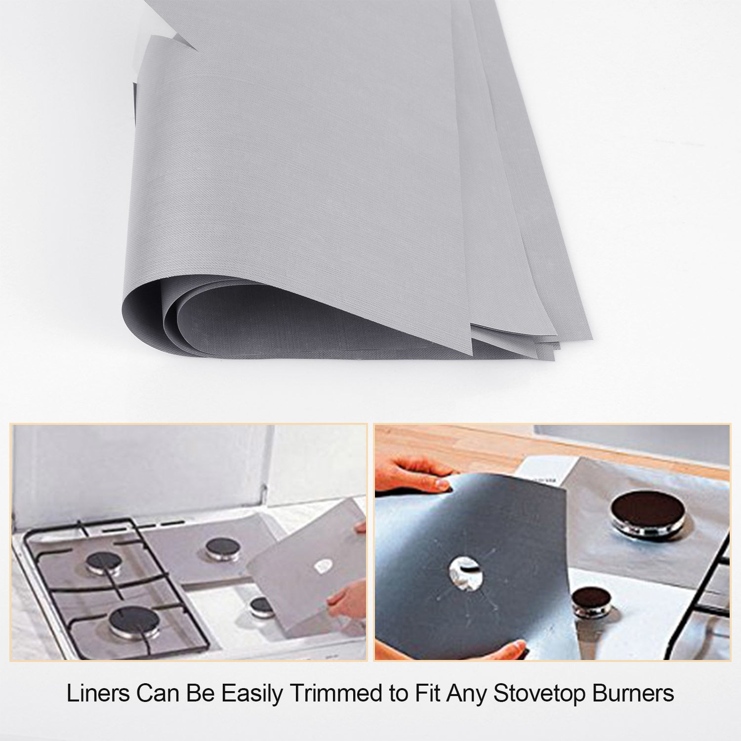 A stack of 4-Pack Reusable Nonstick Stovetop Burner Protector Liner papers with a white circle and crossing lines symbol in the center of the top sheet, treated with a PTFE coating.