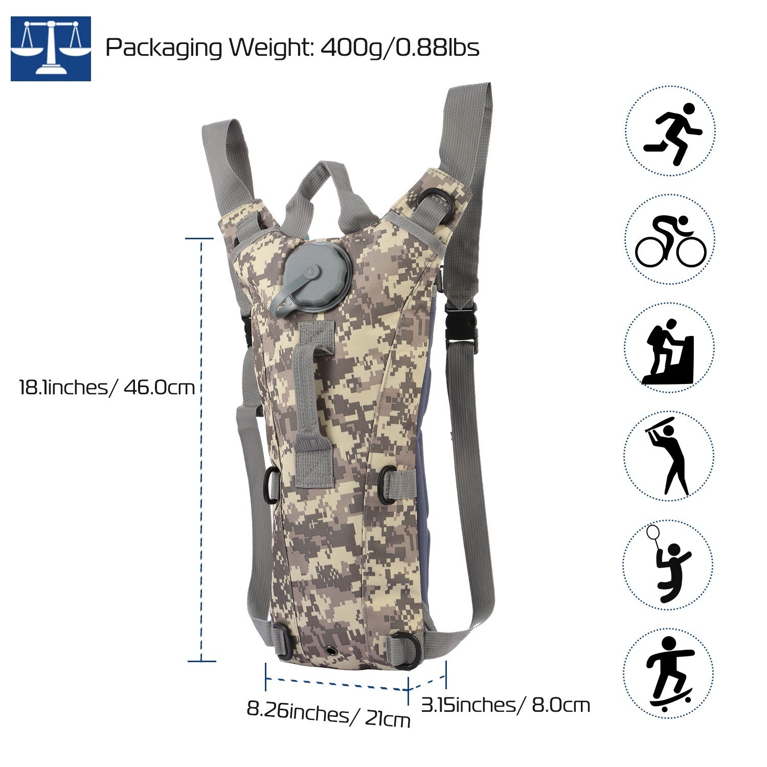 Tactical Hydration Pack suitable for running, cycling, and climbing. Includes water bladder, camo backpack, and icons indicating BPA-free material.
