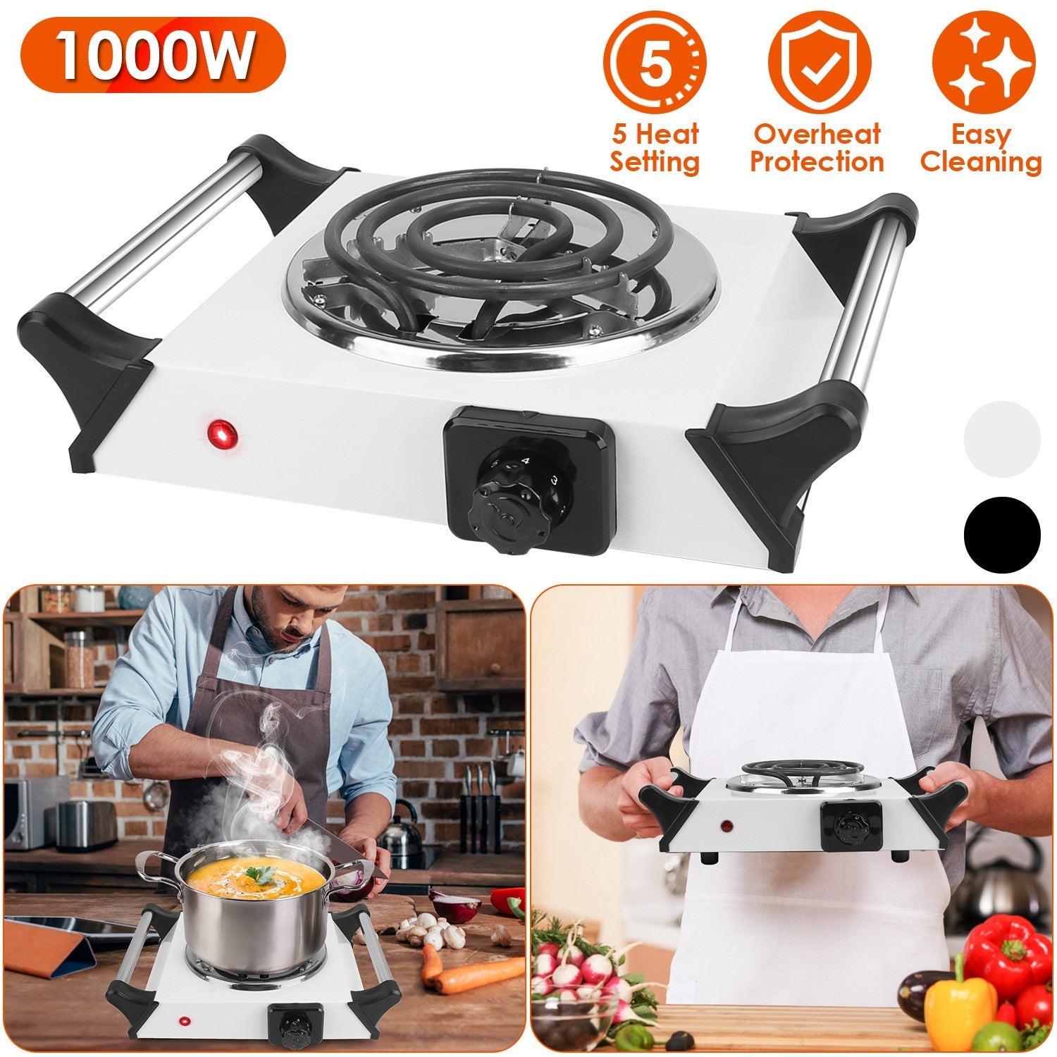Sentence with Product Name: 1000W Electric Single Burner Portable Coil Heating Hot Plate Stove Countertop RV Hotplate with 5 Temperature Adjustments Portable Handles displayed with a man cooking on it in a kitchen setup.