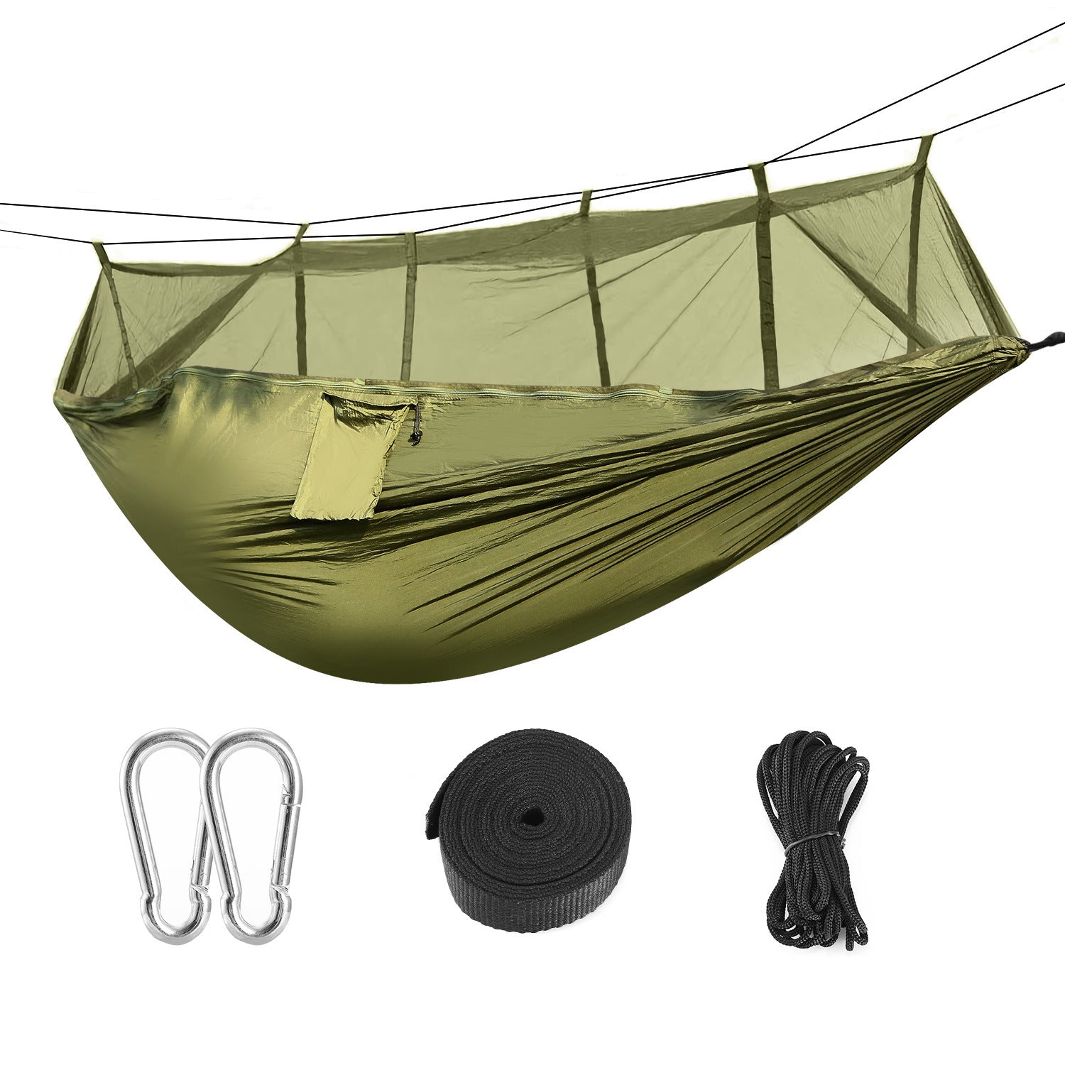 600lbs Load 2 Persons Hammock with Mosquito Net Outdoor Hiking Camping Hommock Portable Nylon Swing Hanging Bed, suspended by ropes on a white background.