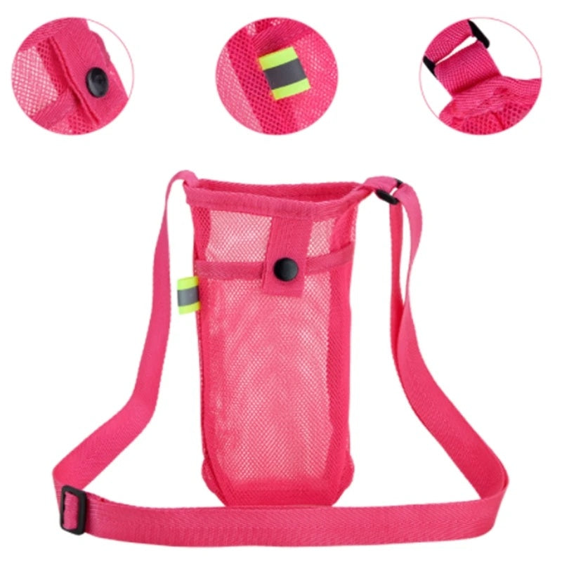 Black mesh Water and Phone bag with a shoulder strap and a blue water bottle partially visible at the top.