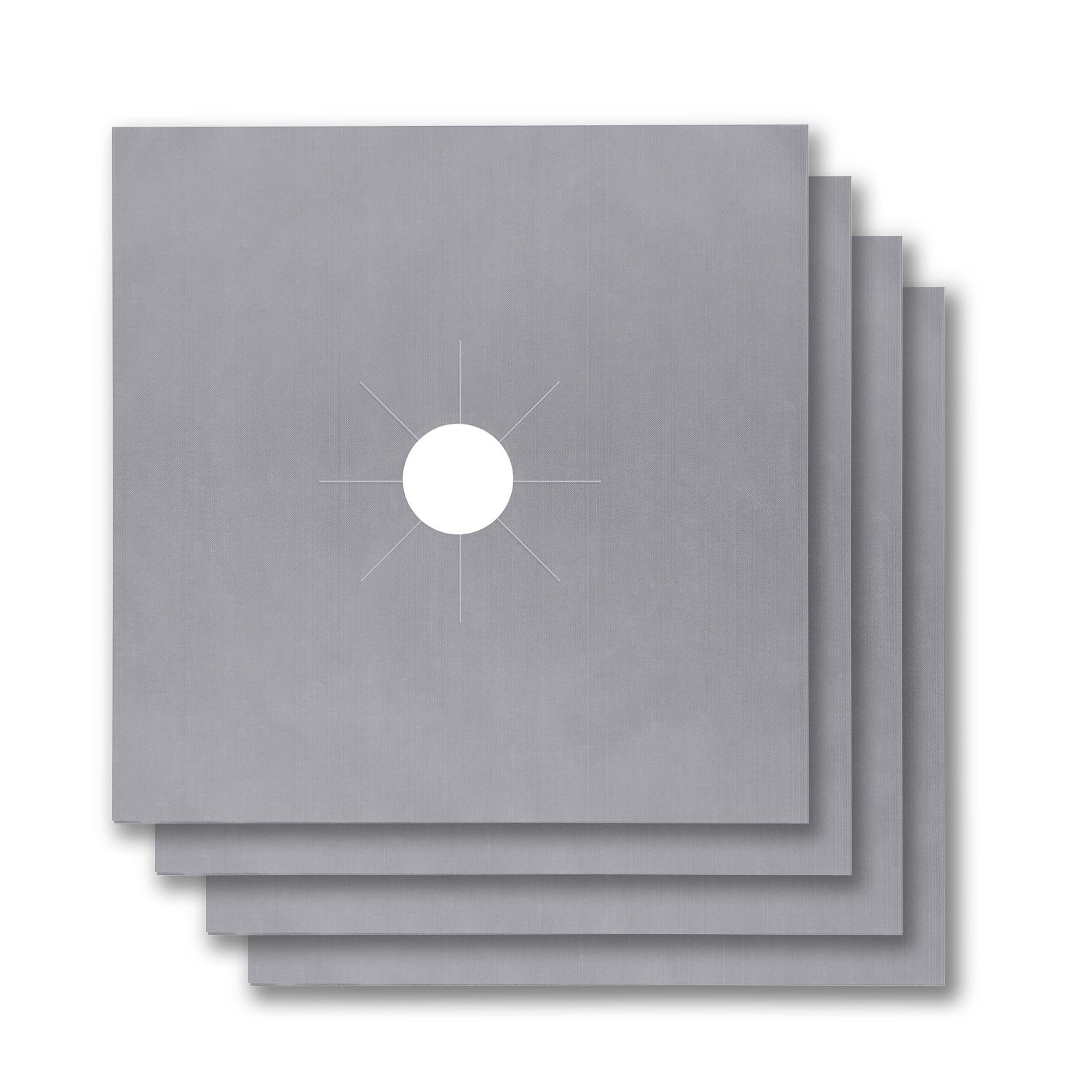 A stack of 4-Pack Reusable Nonstick Stovetop Burner Protector Liner papers with a white circle and crossing lines symbol in the center of the top sheet, treated with a PTFE coating.