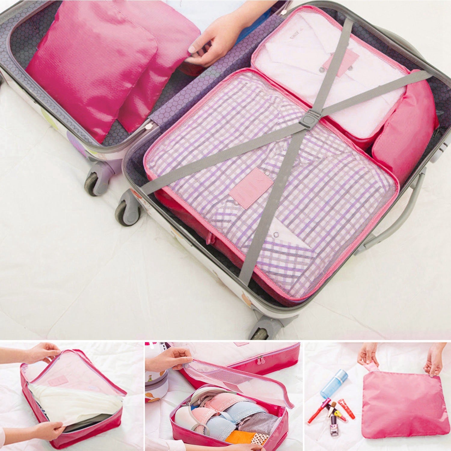 Set of four 9Pcs Clothes Storage Bags Water-Resistant Travel Luggage Organizer Clothing Packing Cubes of varying sizes with clothing items, displayed next to a folded floral blouse, all on a white background.