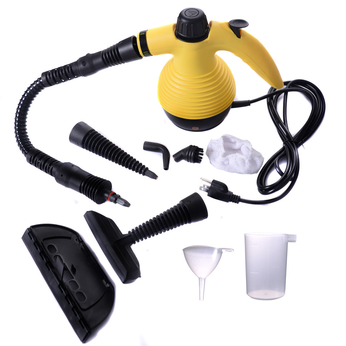 Yellow Handheld Pressurized Steam Cleaner with 9-Piece Accessory Set, Multifunctional Steam Cleaning for Car, Home, Bedroom, Chemical-Free XH being used next to a sink, with an inset image displaying its various attachments and storage bag.